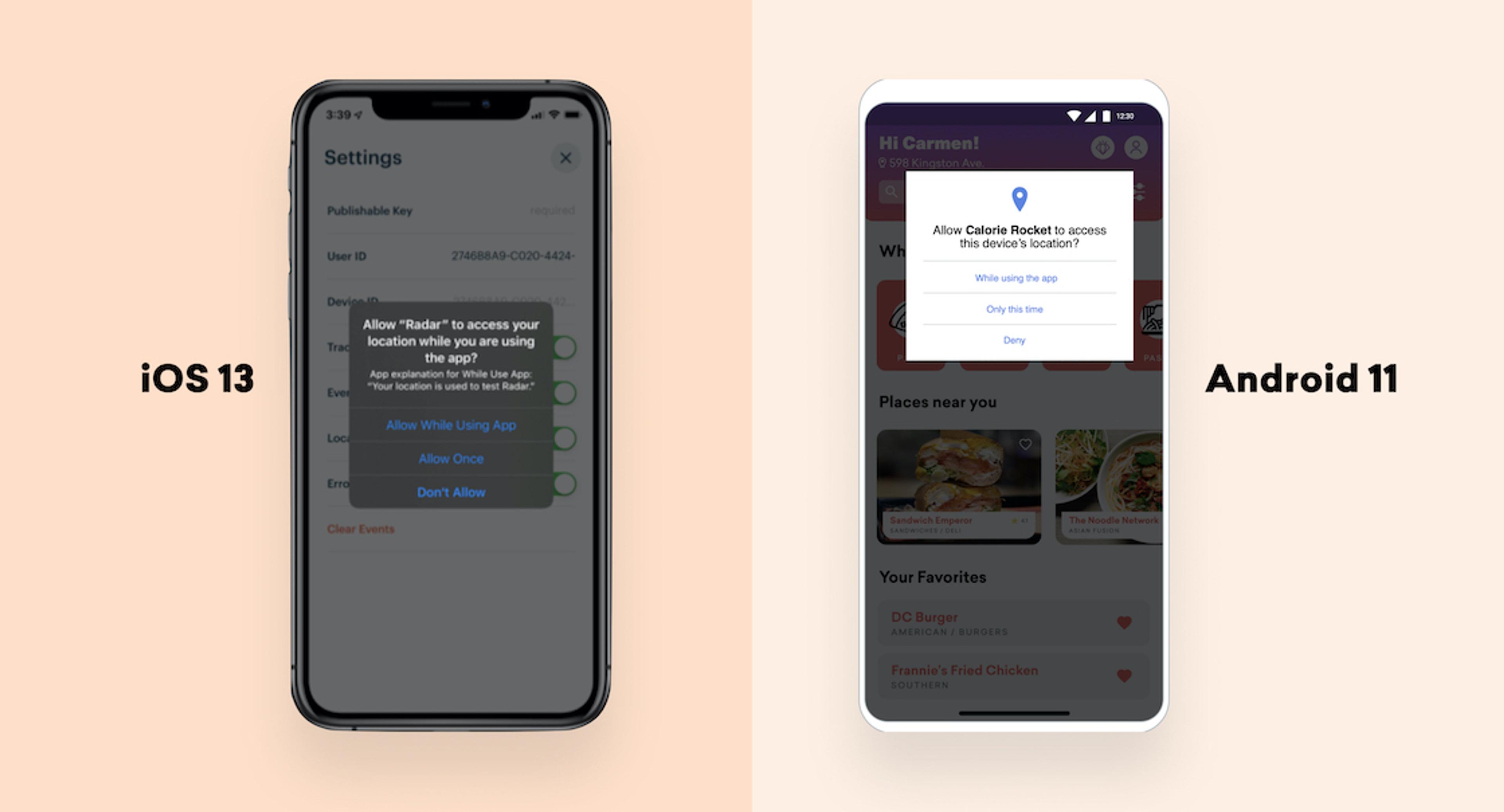 A side-by-side comparison of location permission settings on iOS 13 and Android 11 devices. The iOS screen shows options for allowing location access, while the Android screen displays a prompt for location access permissions.