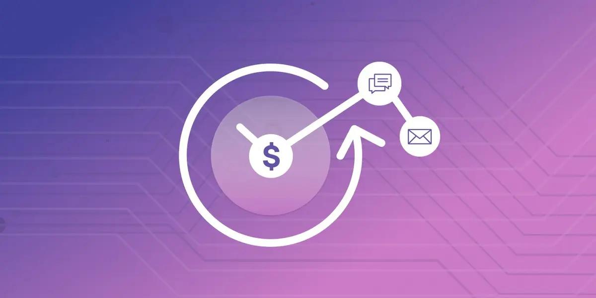 Um relógio com um símbolo de dólar dentro de uma seta circular, conectado a ícones de bate-papo e e-mail.