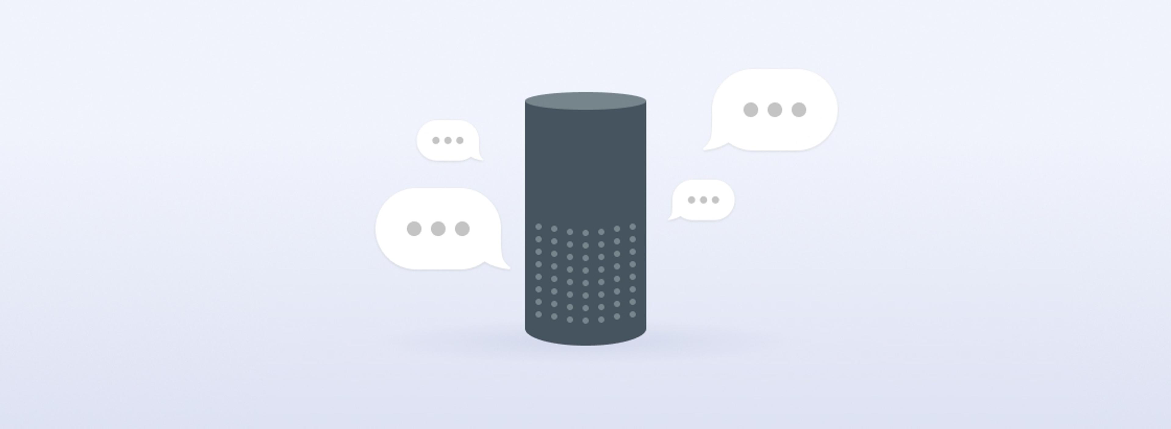 A smart speaker with speech bubbles around it, indicating voice interaction. The background is light and minimalistic.