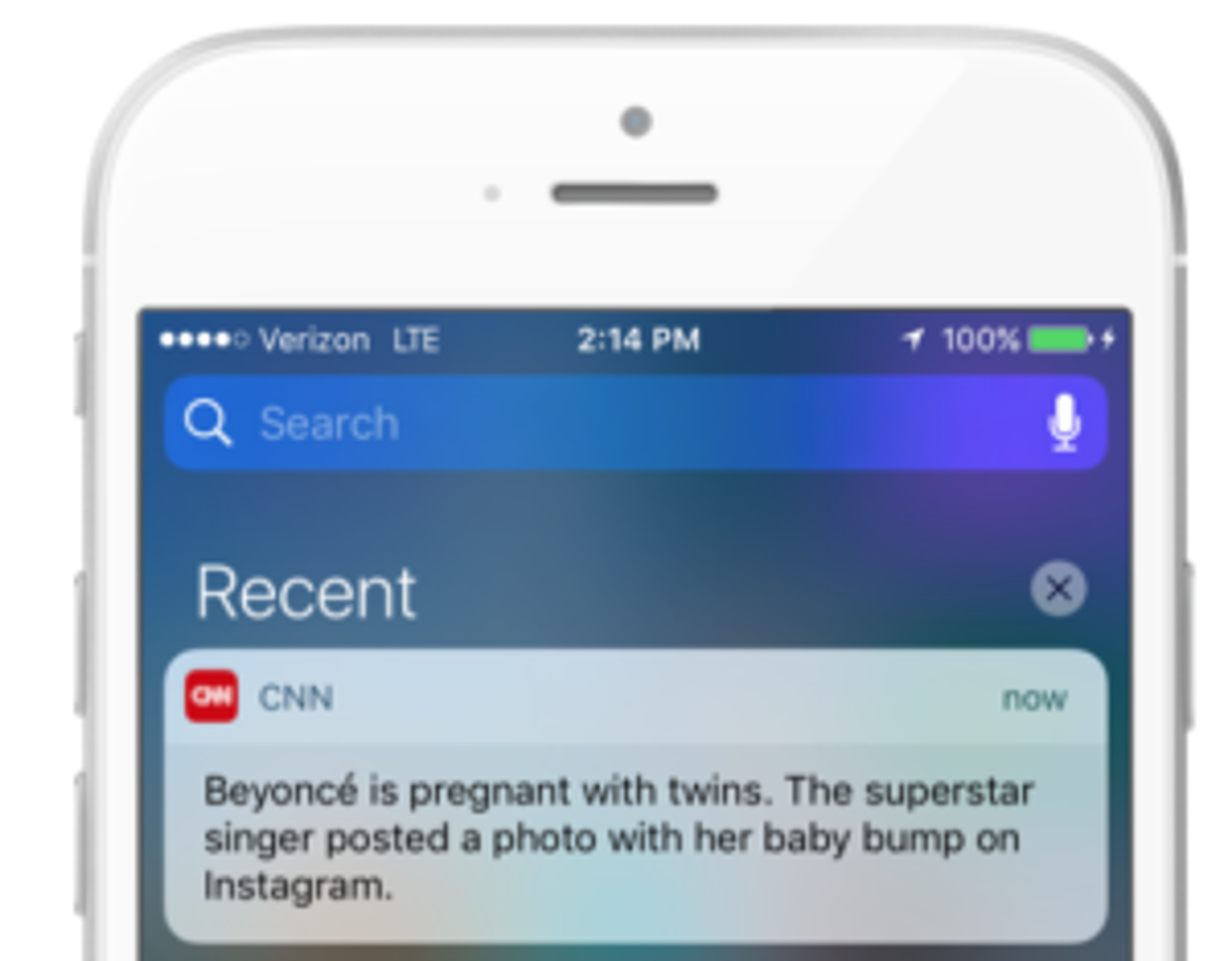 A smartphone screen displaying a notification from CNN about Beyoncé being pregnant with twins. The notification includes details about her posting a photo on Instagram.