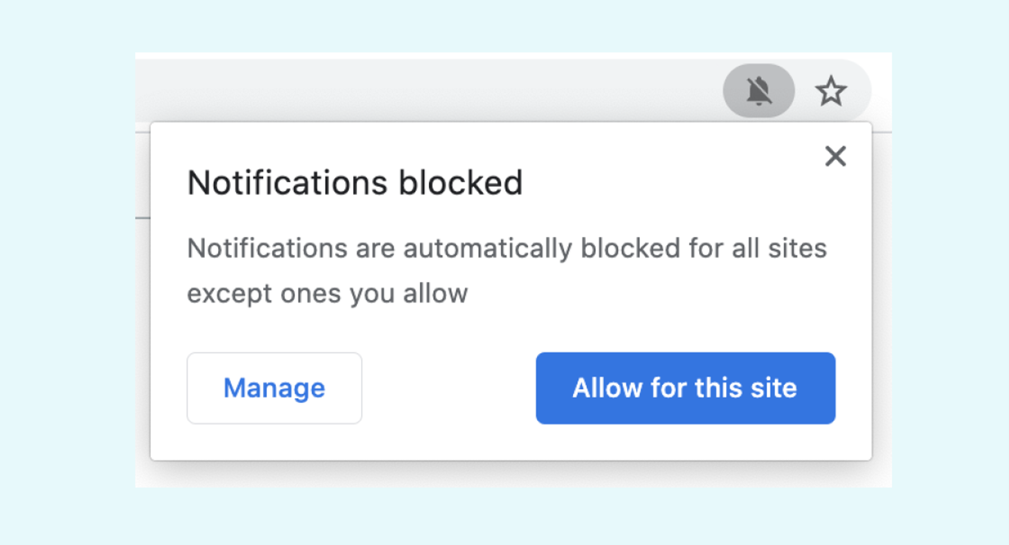 A pop-up message indicating that notifications are blocked, with options to manage settings or allow notifications for the current site.