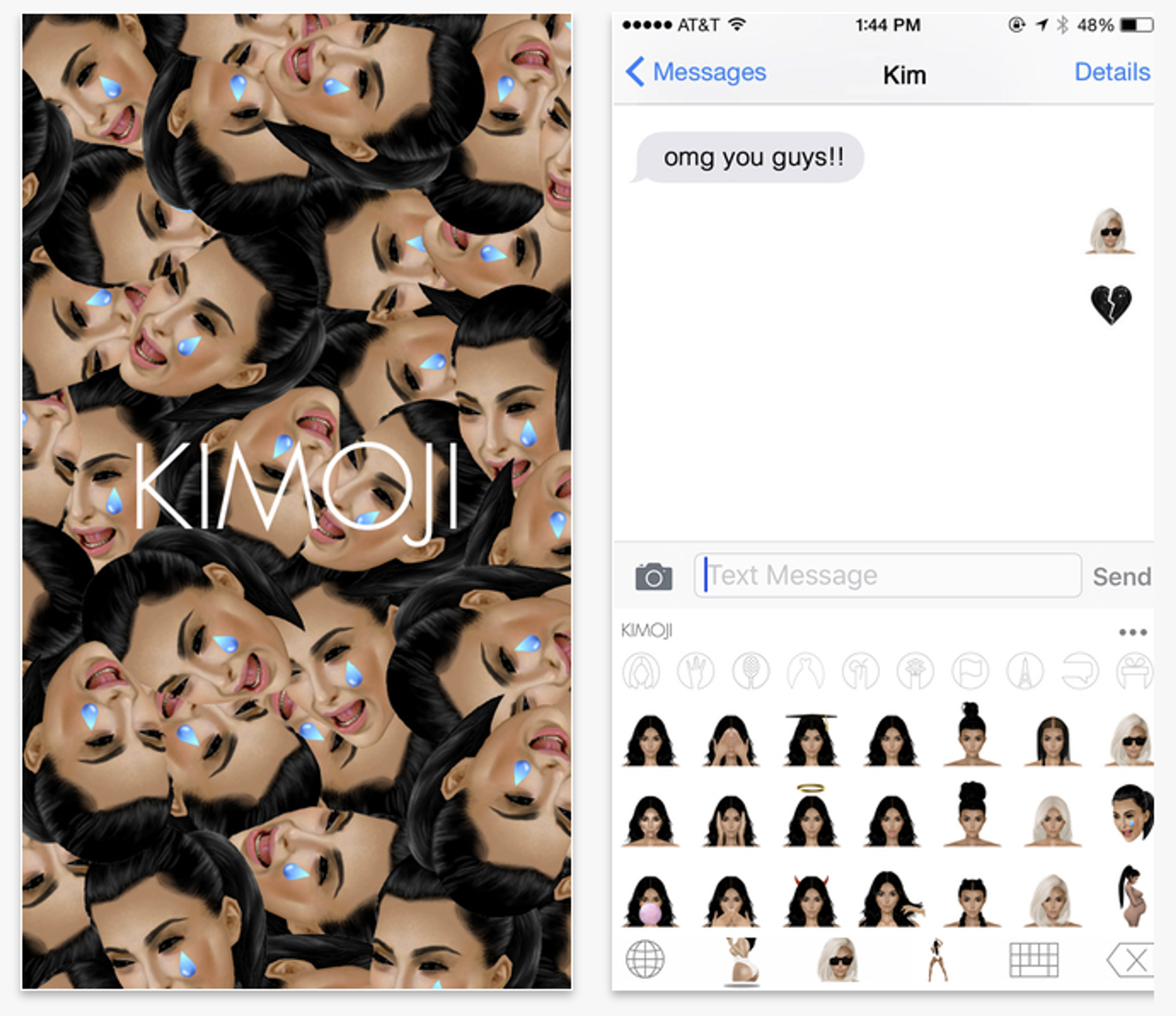 A collage of faces with a prominent text "KIMOJI" in the center, alongside a text message conversation featuring emojis and a message saying "omg you guys!!".