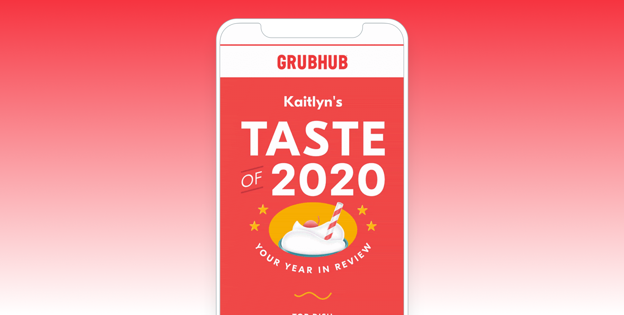 Grubhub app screen displaying "Kaitlyn's Taste of 2020: Your Year in Review."