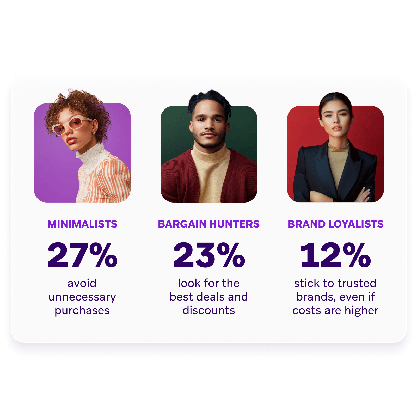 Data visualization graphic showing three shopper segments: 27% Minimalists who avoid unnecessary purchases, 23% Bargain Hunters who look for the best deals, and 12% Brand Loyalists who stick to trusted brands.