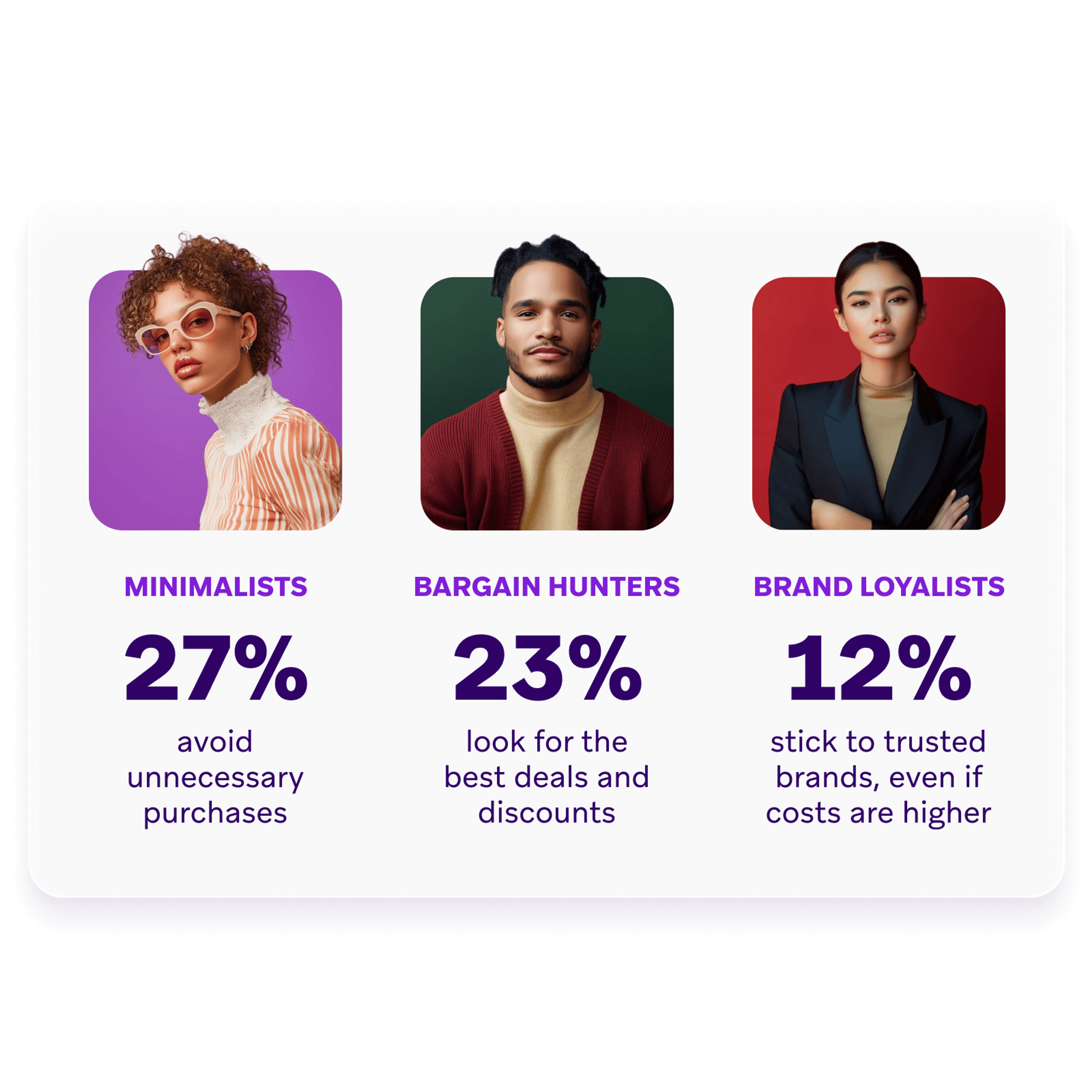 Data visualization graphic showing three shopper segments: 27% Minimalists who avoid unnecessary purchases, 23% Bargain Hunters who look for the best deals, and 12% Brand Loyalists who stick to trusted brands.