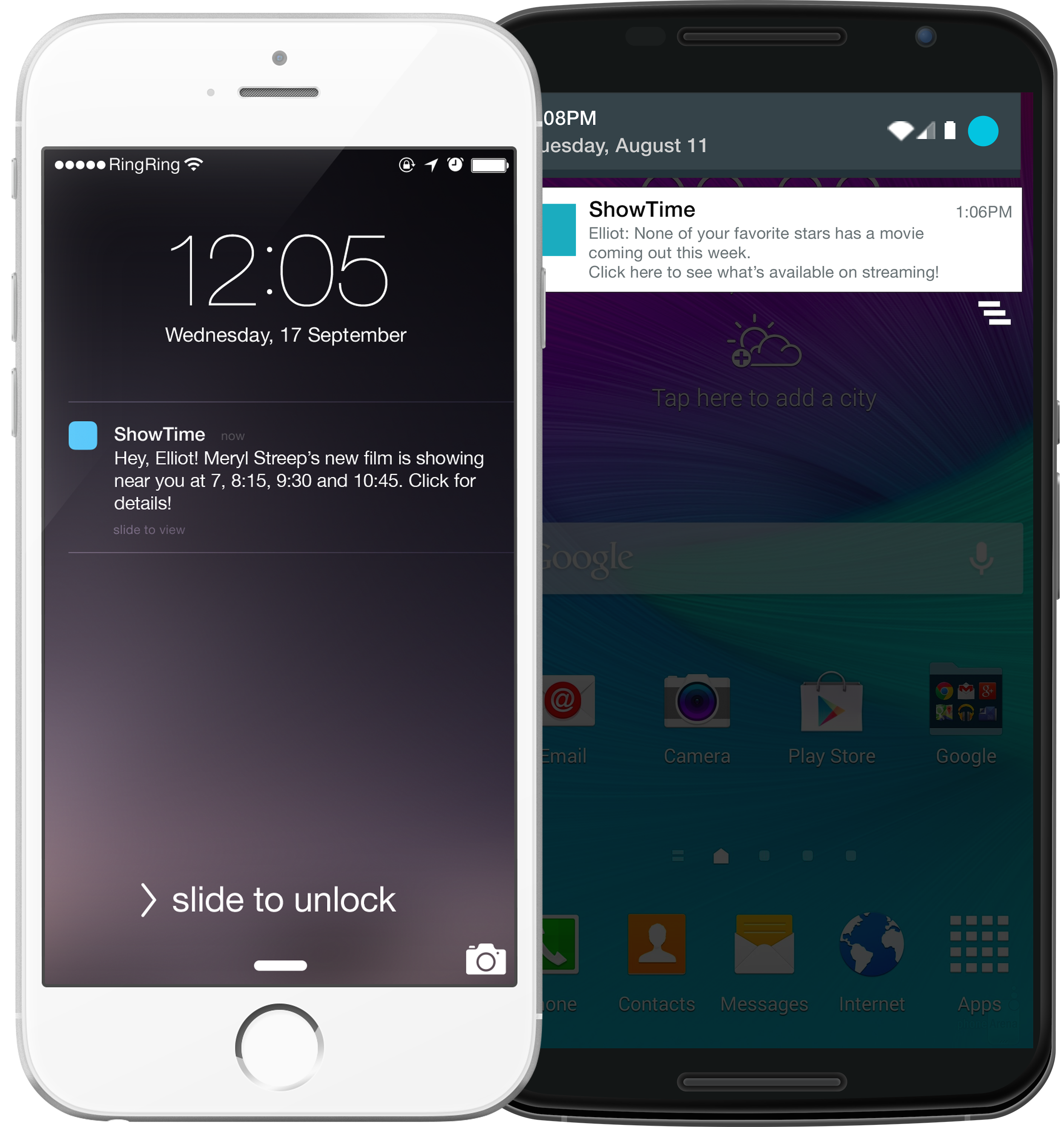 A smartphone screen displays a notification about a movie showing nearby, with a message from a contact named Elliot. The time is 12:05 PM on September 17.