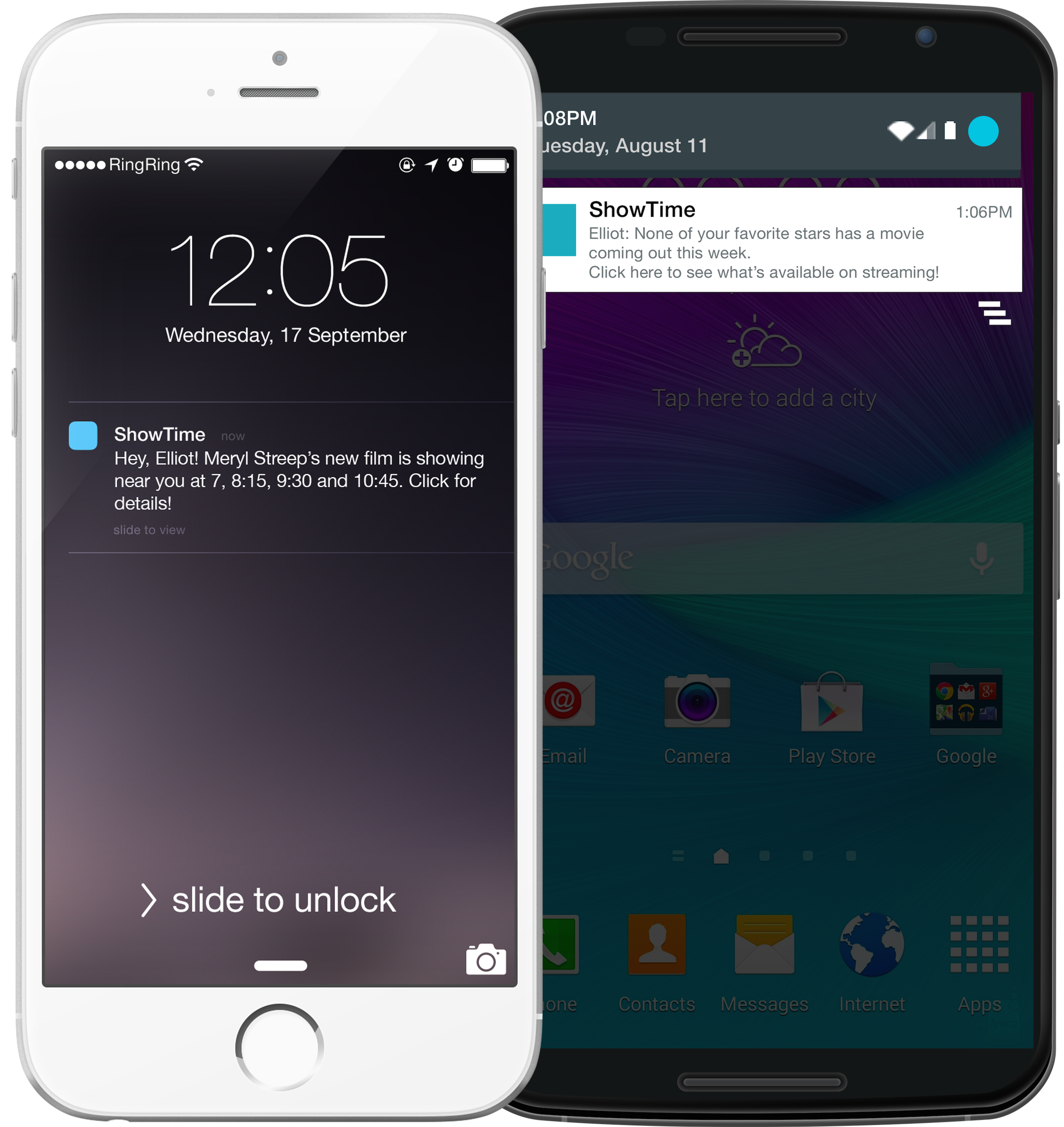 A smartphone screen displays a notification about a movie showing nearby, with a message from a contact named Elliot. The time is 12:05 PM on September 17.