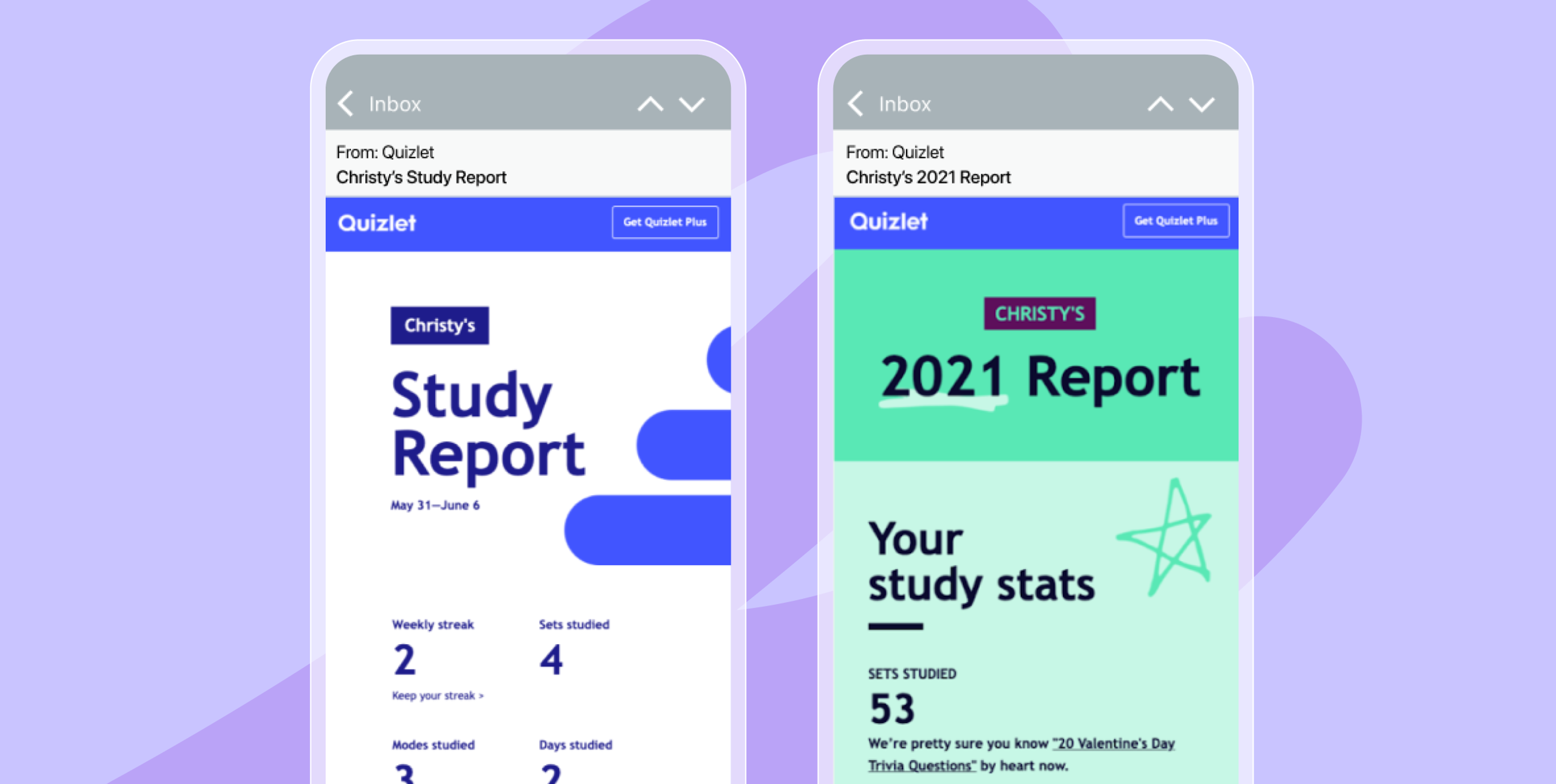 exemple de rapport de progression de Quizlet, affiché sur mobile