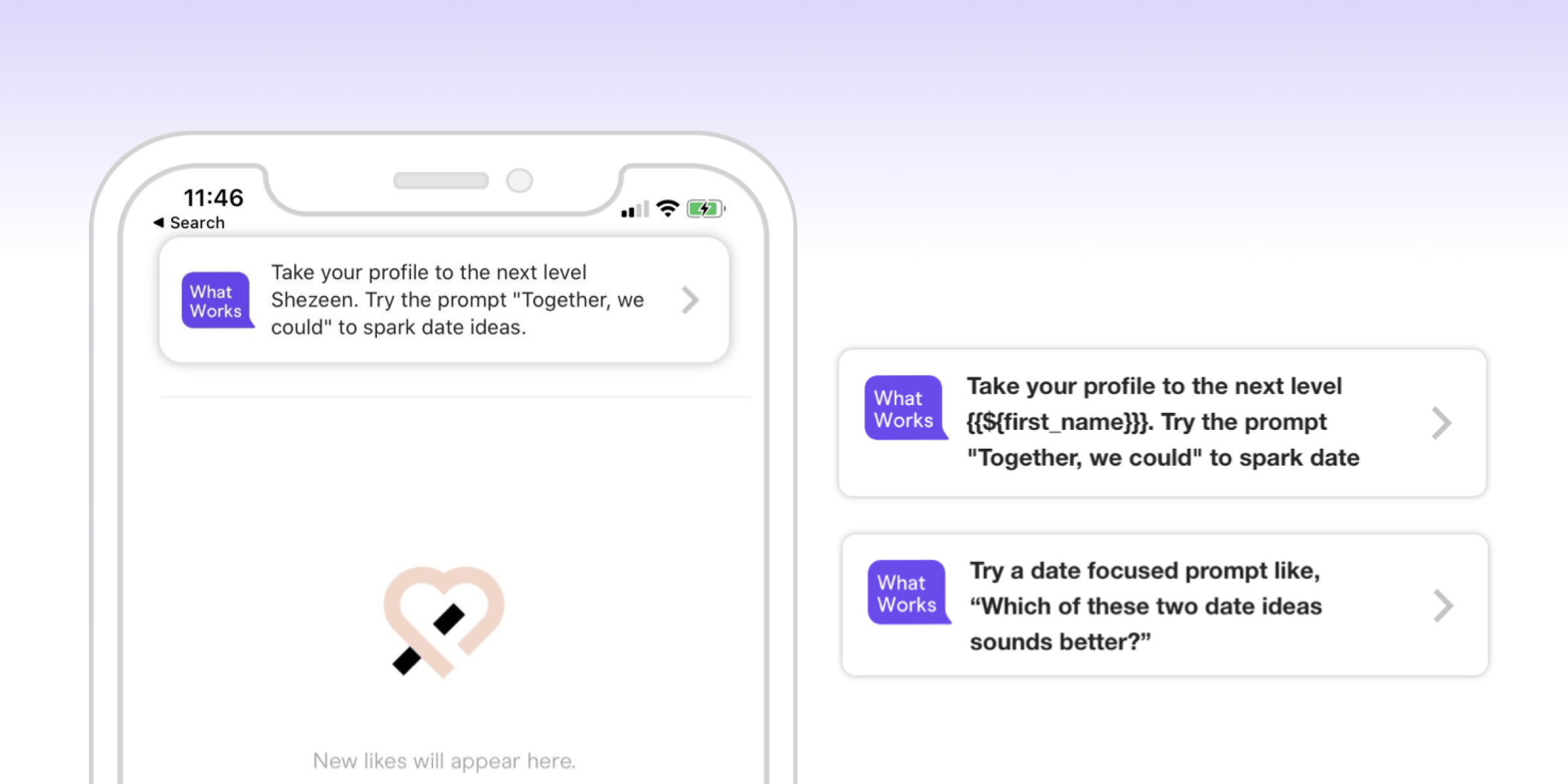 A smartphone screen displaying a dating app interface with prompts for users to enhance their profiles and suggest date ideas. The background features a gradient from purple to white.
