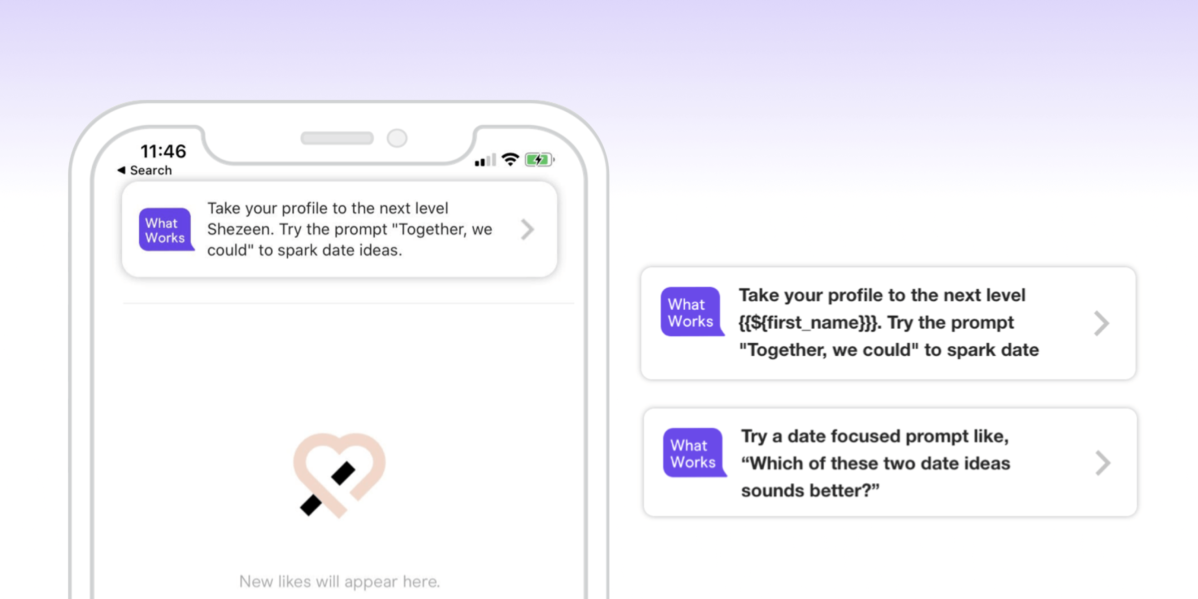 A smartphone screen displaying a dating app interface with prompts for users to enhance their profiles and suggest date ideas. The background features a gradient from purple to white.