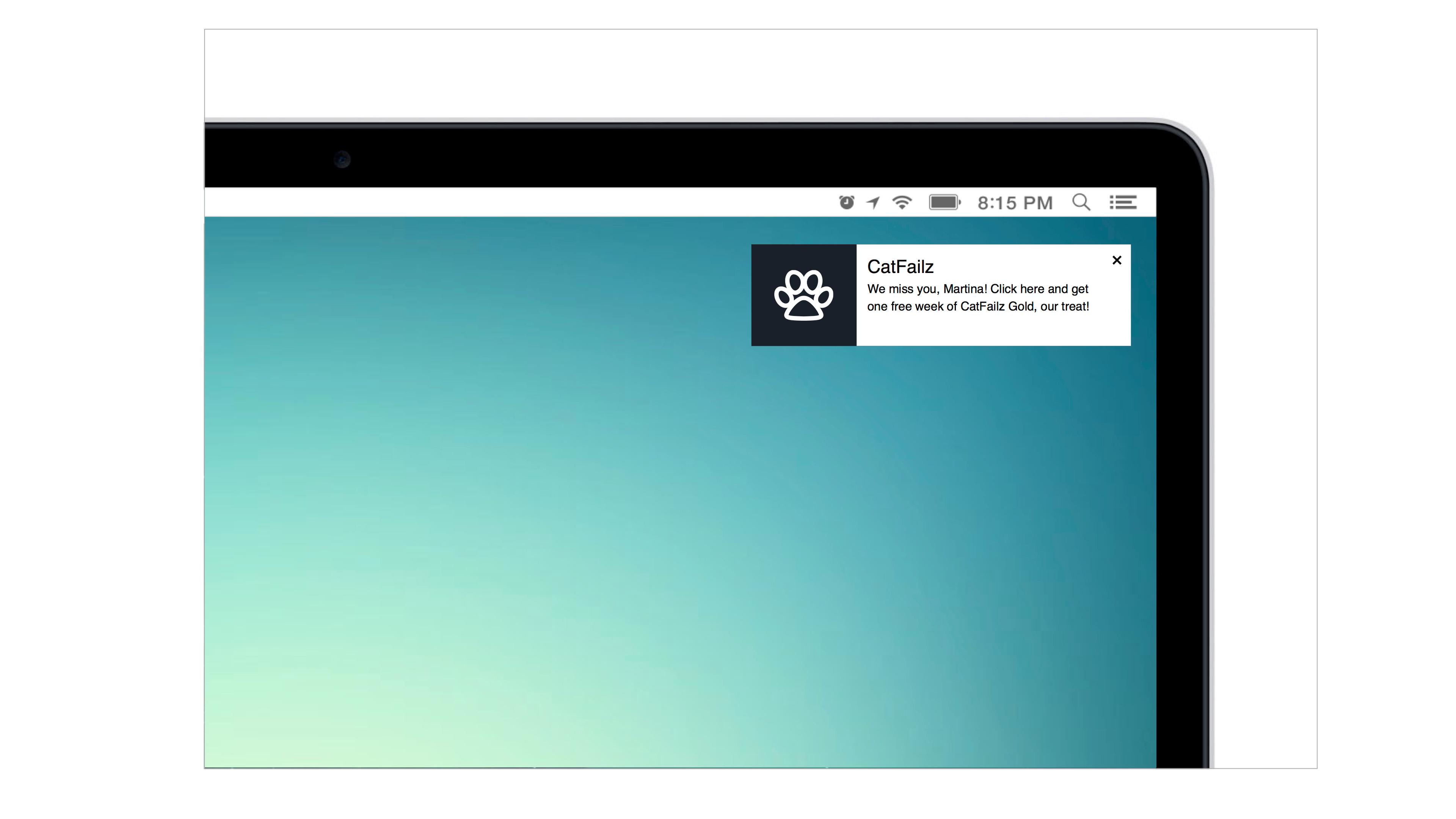 A notification on a laptop screen promoting a service called CatPals, offering a free trial. The background is a gradient of blue and green.