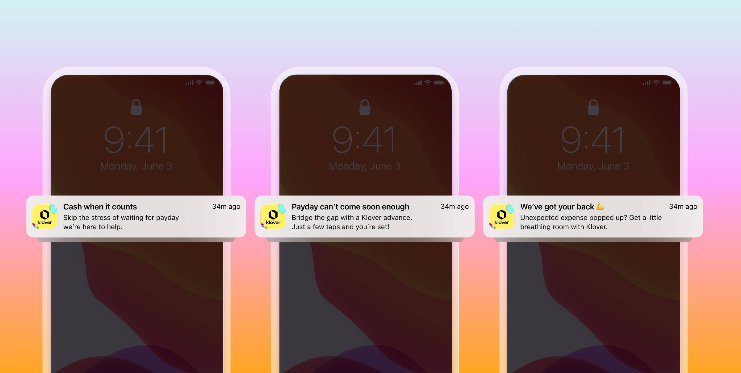 Three smartphone lock screens display Klover notifications offering help with cash advances and unexpected expenses.