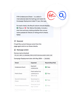 Screenshot of an undersea cable campaign deployment checklist showing Virgin Media O2 branding and green pass results for multiple checks.