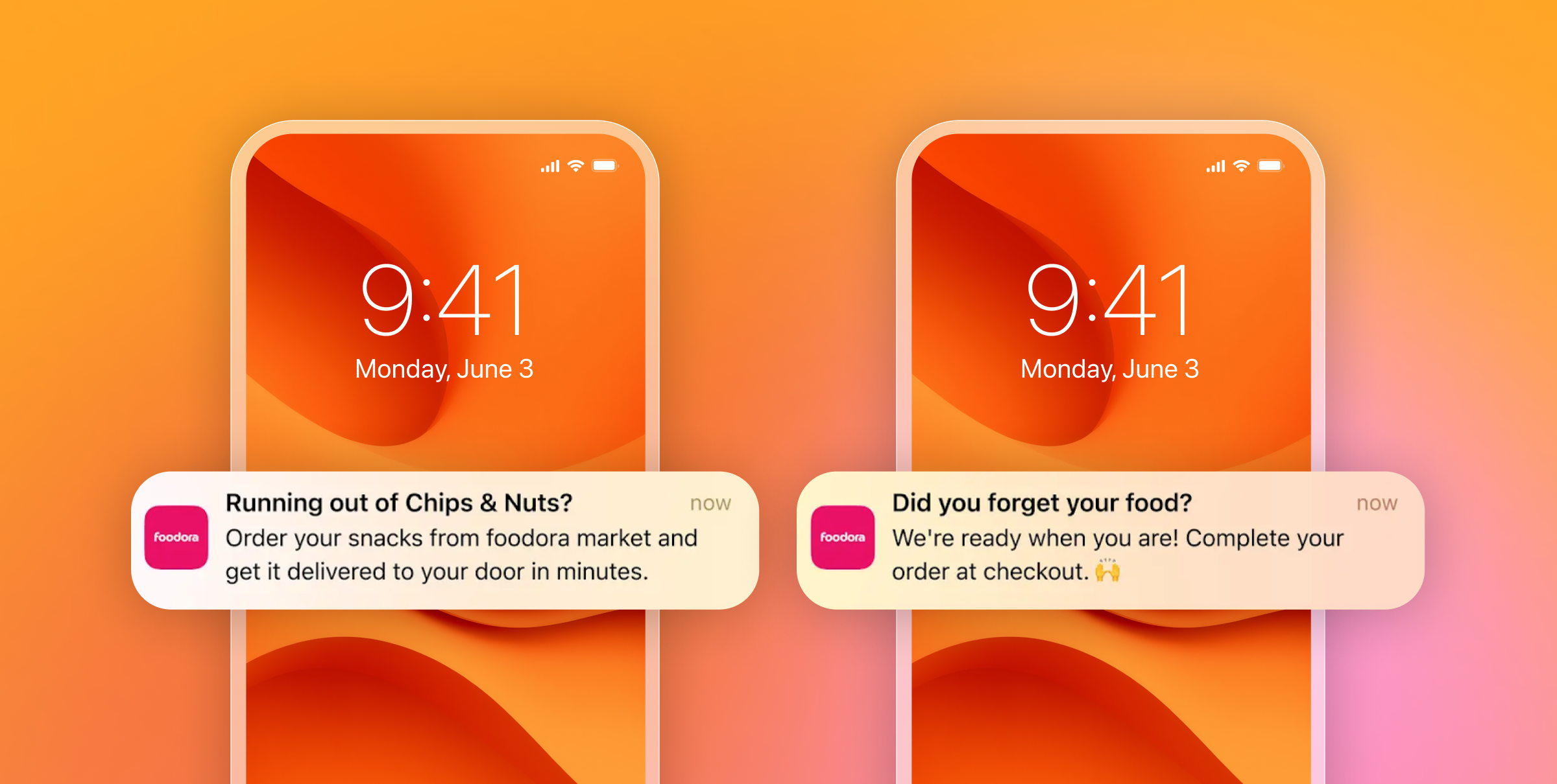 Two messages from Foodora that say running out of chips and nuts and did you forget your food