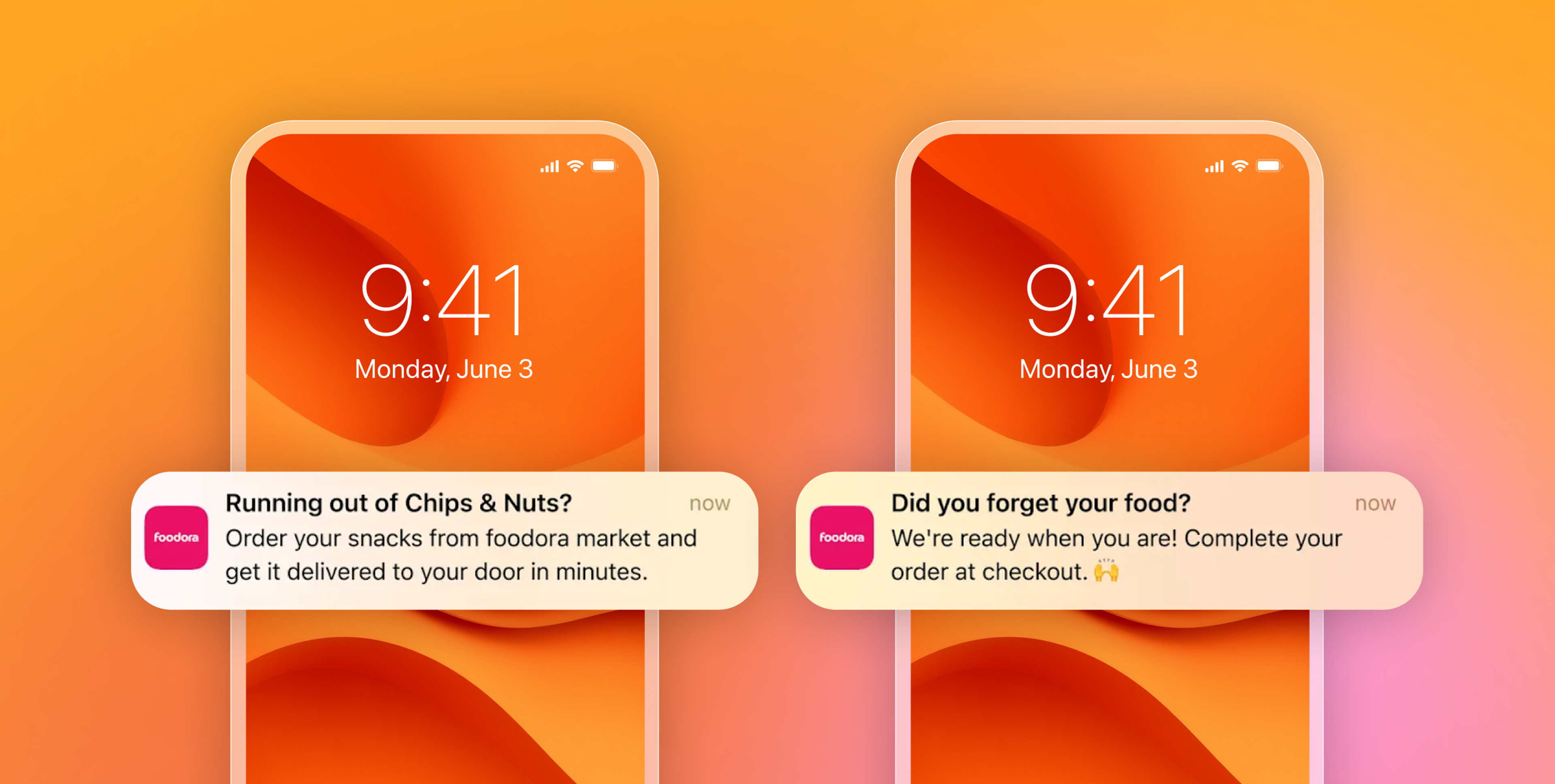 Two messages from Foodora that say running out of chips and nuts and did you forget your food
