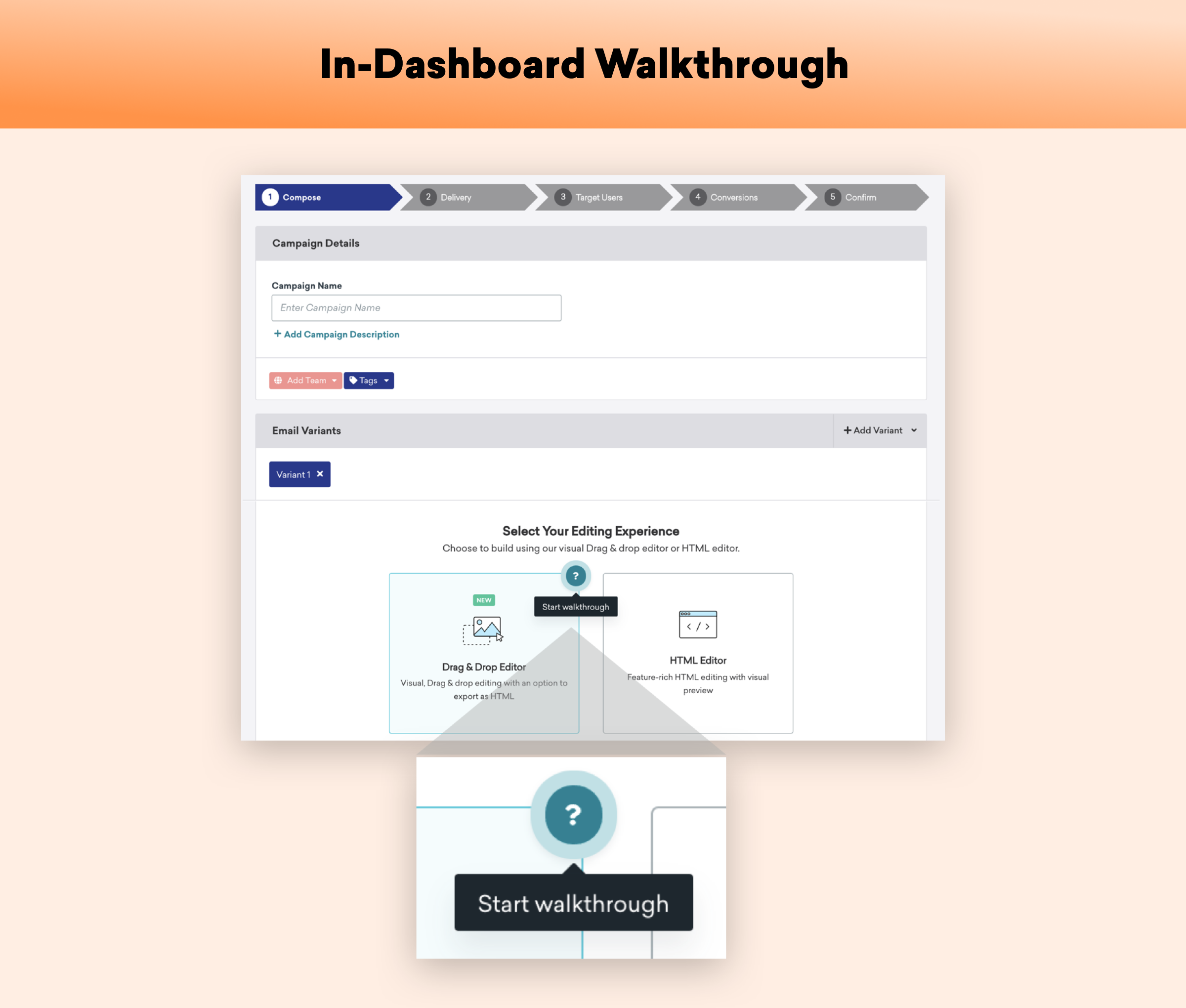 A user interface showing a campaign dashboard with options for editing experience. A prompt to "Start walkthrough" is highlighted.