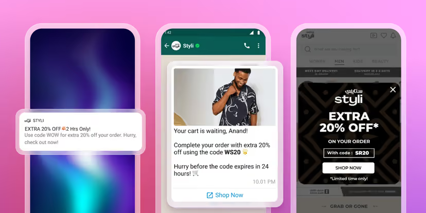 Trois smartphones affichent des promotions Styli offrant 20 % de réduction, sous forme de notification, message WhatsApp et fenêtre publicitaire.