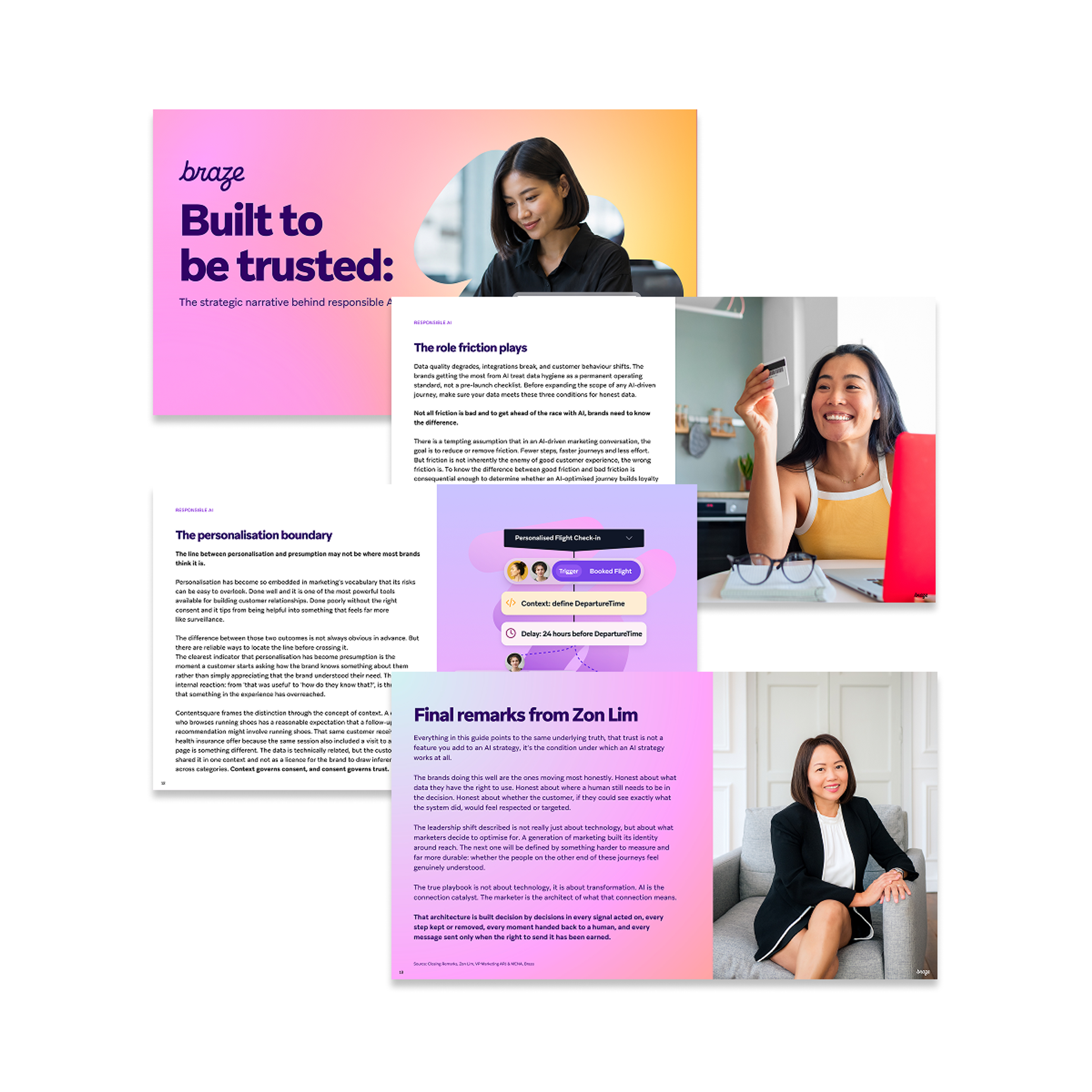 Collage of pages from Braze’s “Built to be trusted” report on responsible AI, featuring article excerpts, workflow graphics, and photos of women professionals.