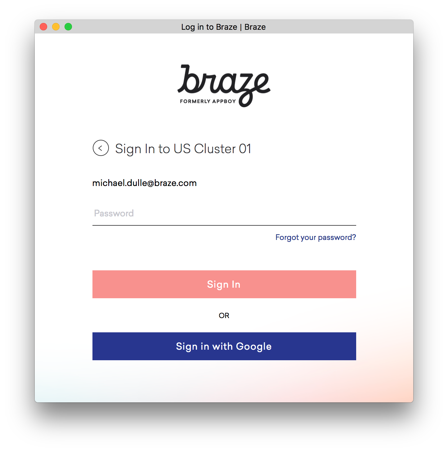 Login screen for Braze, featuring fields for email and password, with options to sign in or use Google.
