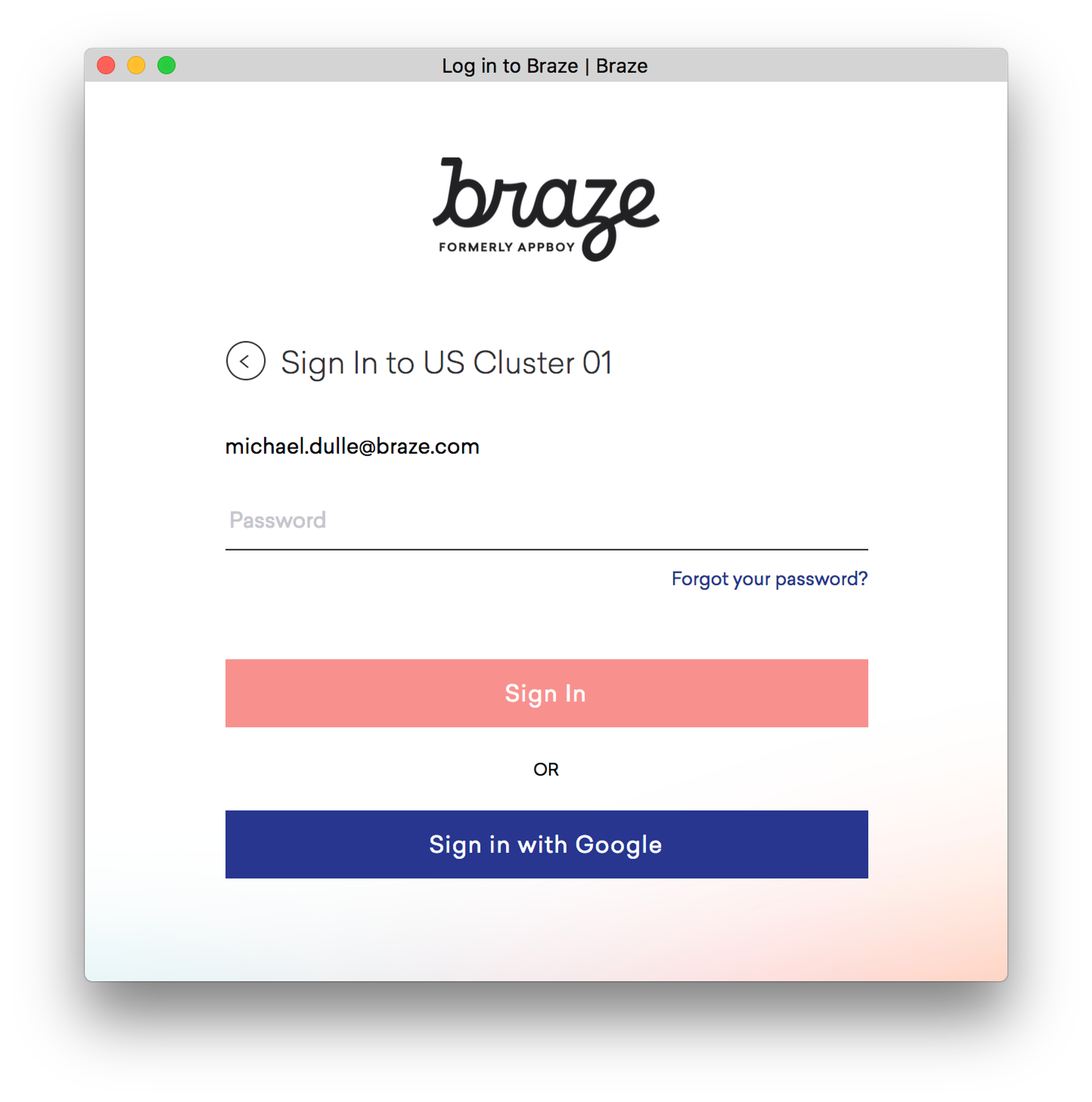 Login screen for Braze, featuring fields for email and password, with options to sign in or use Google.