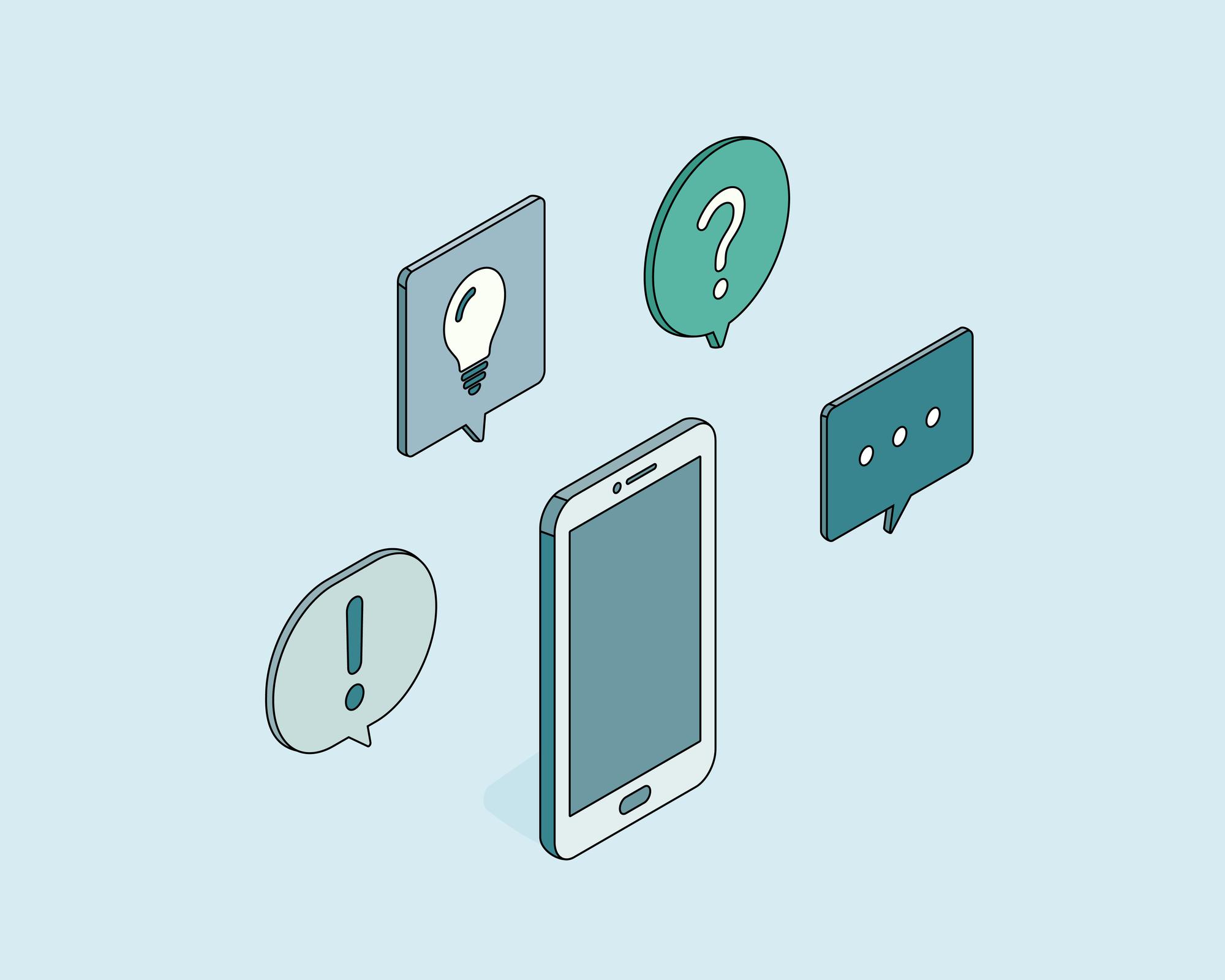 スマートフォンの周りにアイデアや質問を示す吹き出しが浮かんでいるイラスト。コミュニケーションや情報の共有を表現している。