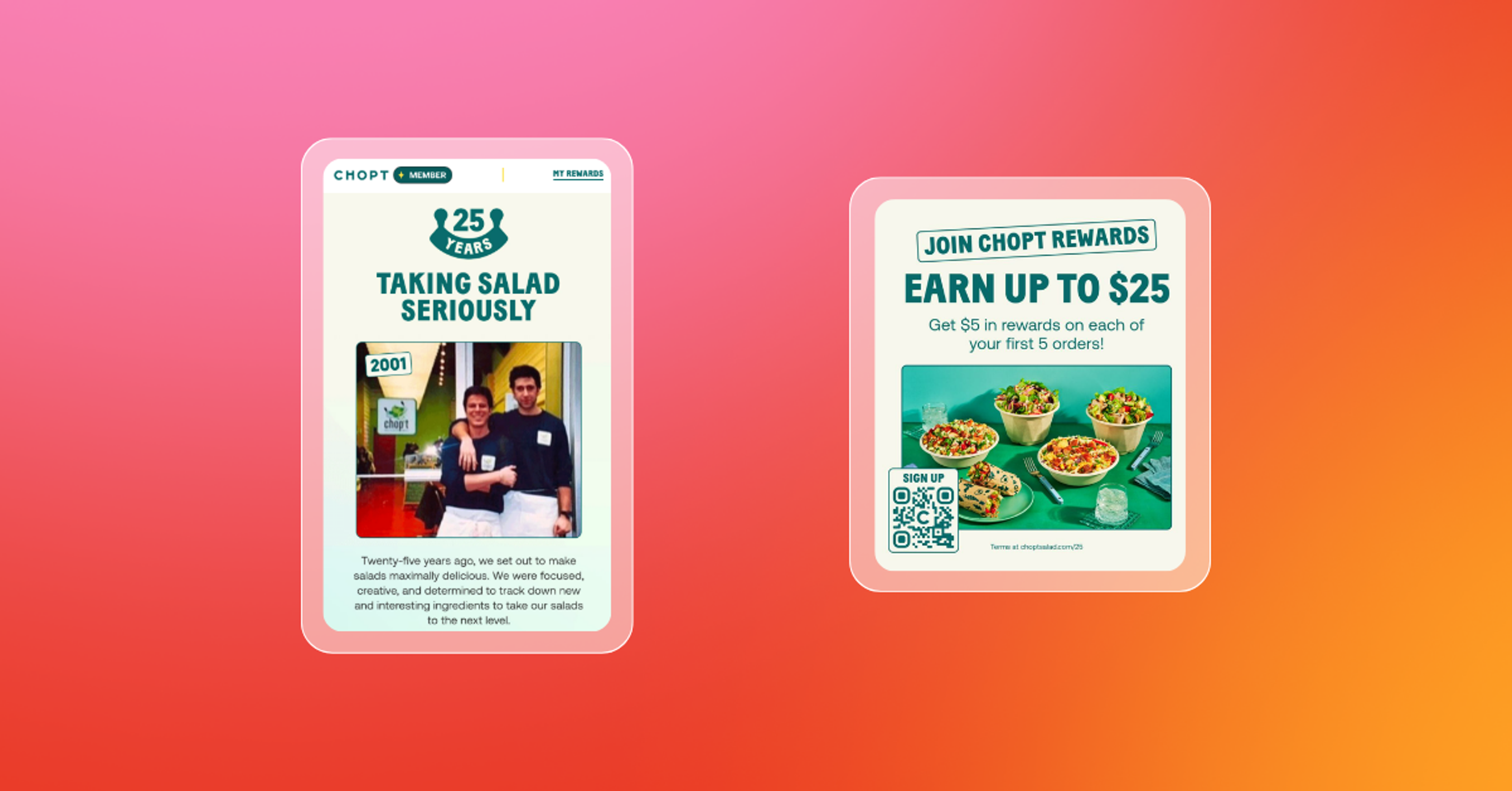 Two images showing "taking salad seriously" and "join Chopt rewards"