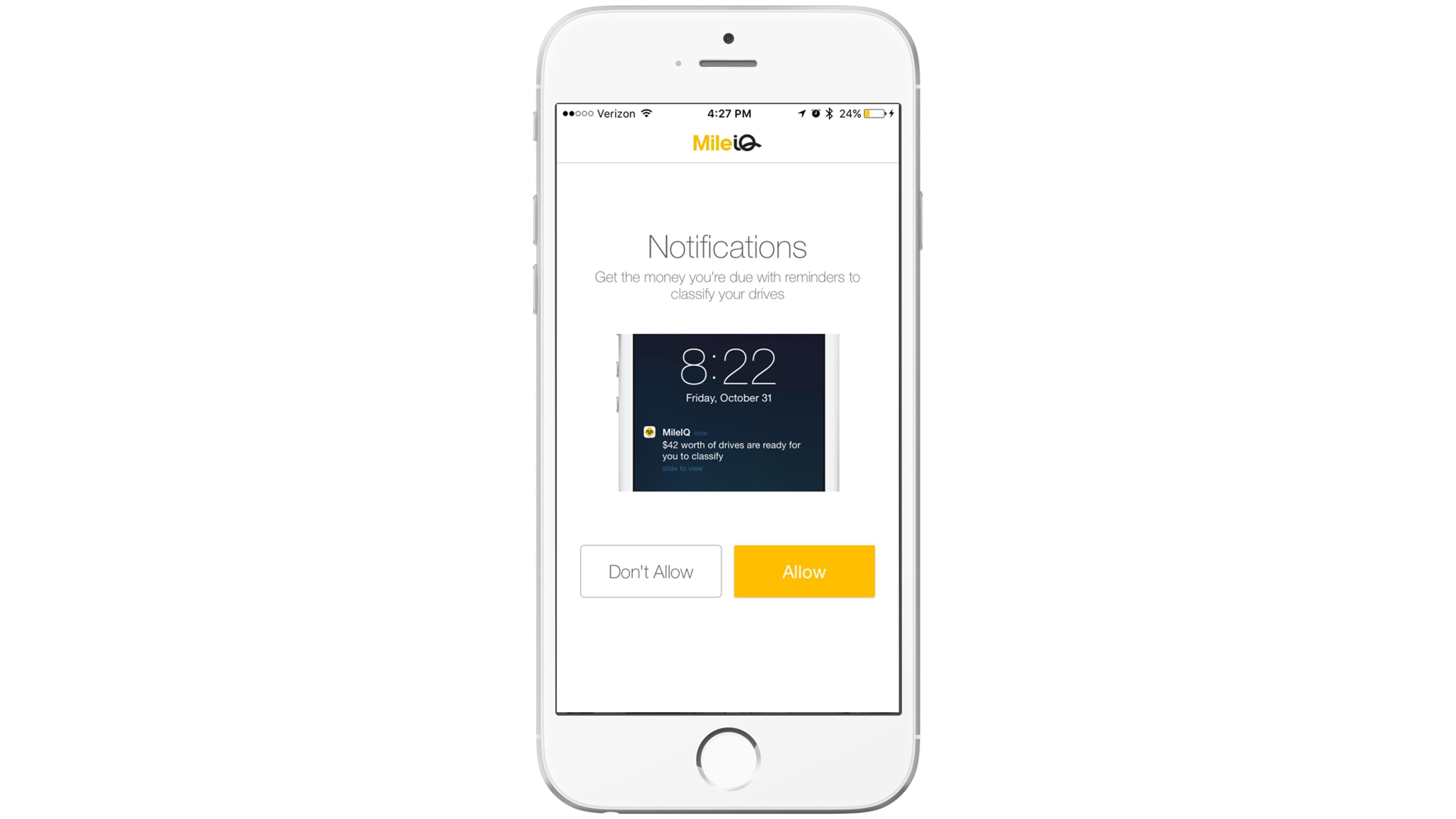 A smartphone displaying a notification screen with options to allow or deny reminders for upcoming drives. The time shown is 8:22 on Friday, October 5.