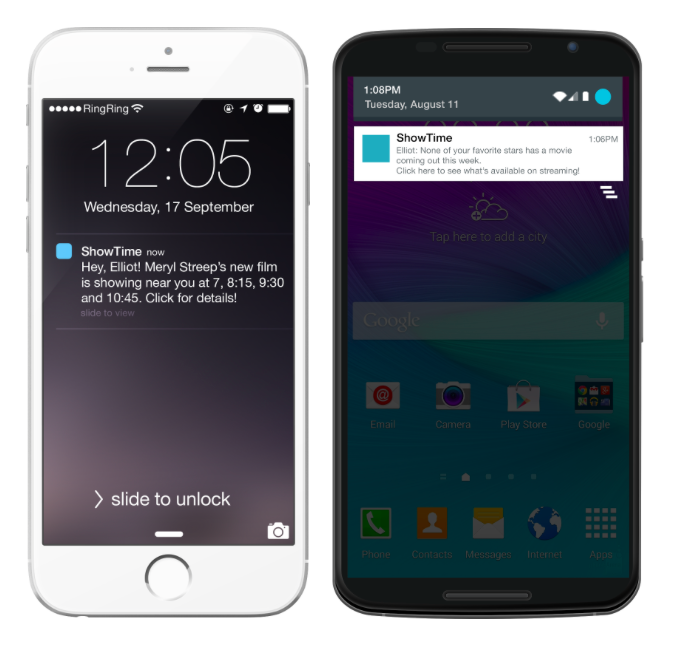 Two smartphones displaying notifications. The left phone shows a message about a film starring Meryl Streep, while the right phone has a notification about favorite stars and streaming options.