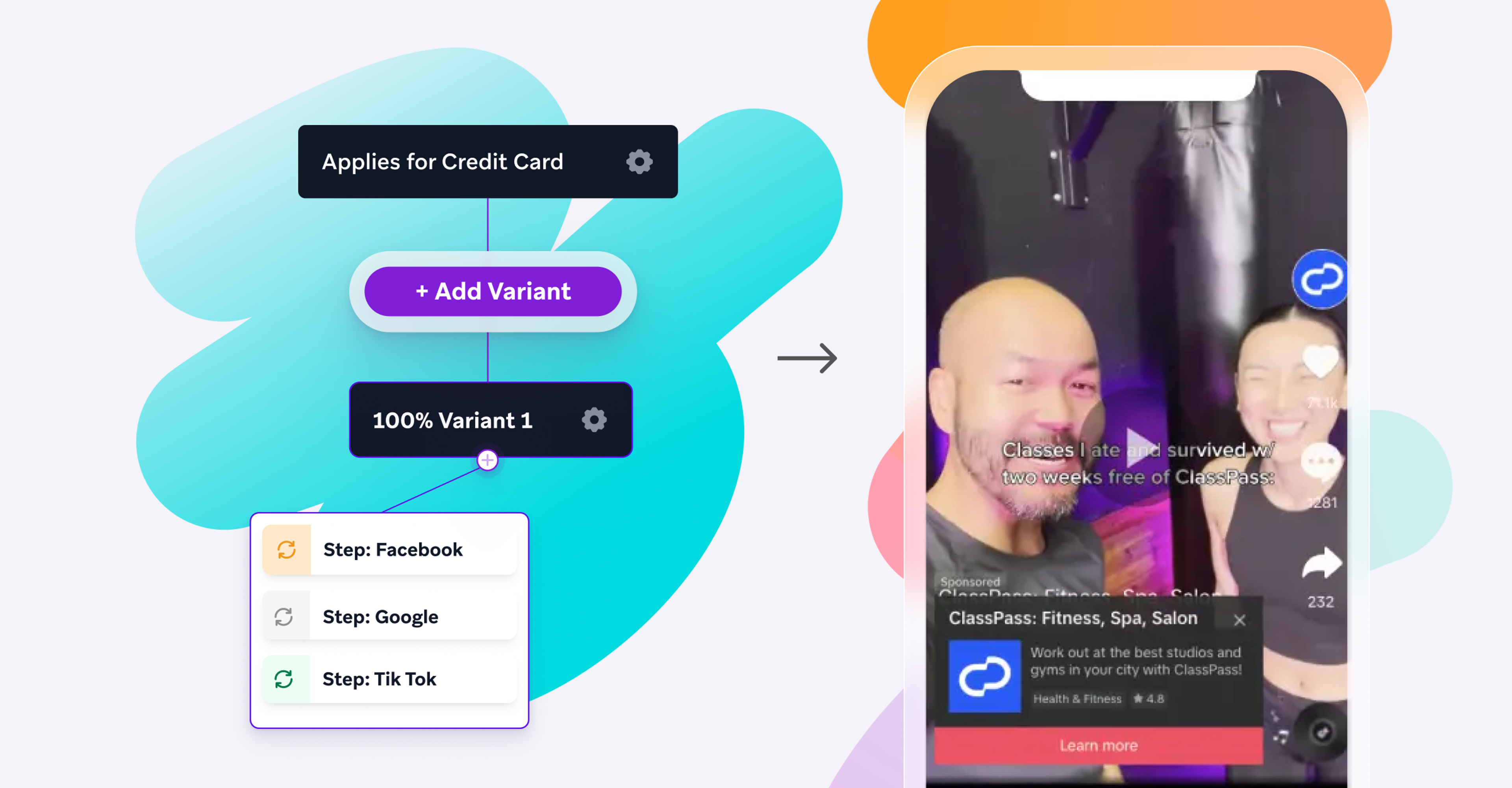 A mobile screen displays a video featuring two smiling individuals, alongside options for adding a variant and selecting platforms like Facebook, Google, and TikTok. The background features colorful abstract shapes.