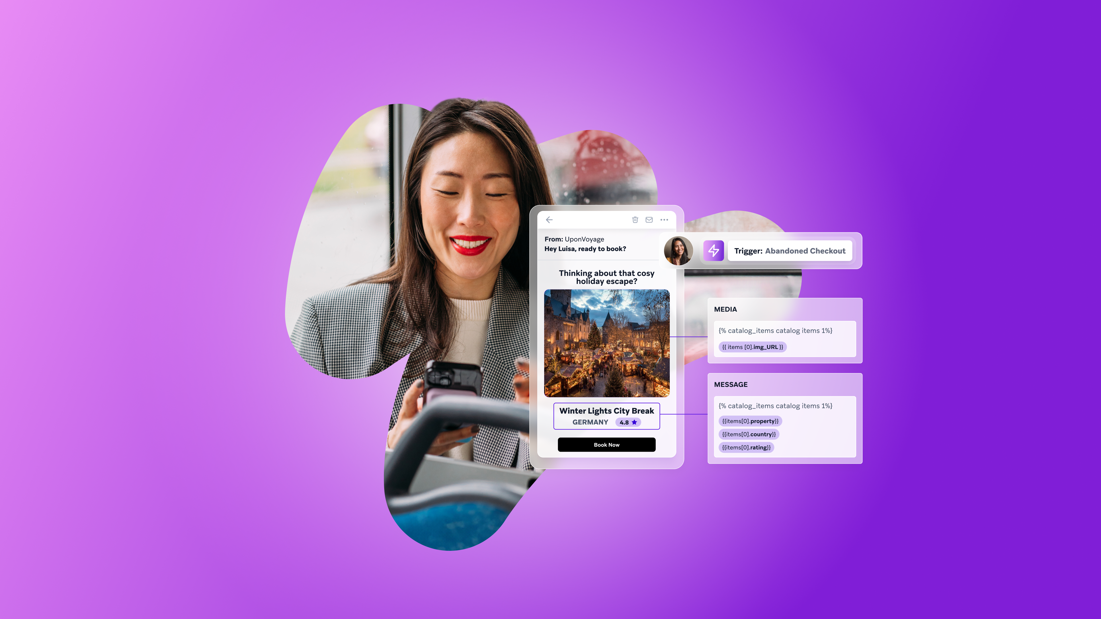 A smiling woman looking at her phone displaying a travel offer, with marketing automation UI showing an "Abandoned Checkout" trigger and message options, on a purple background.