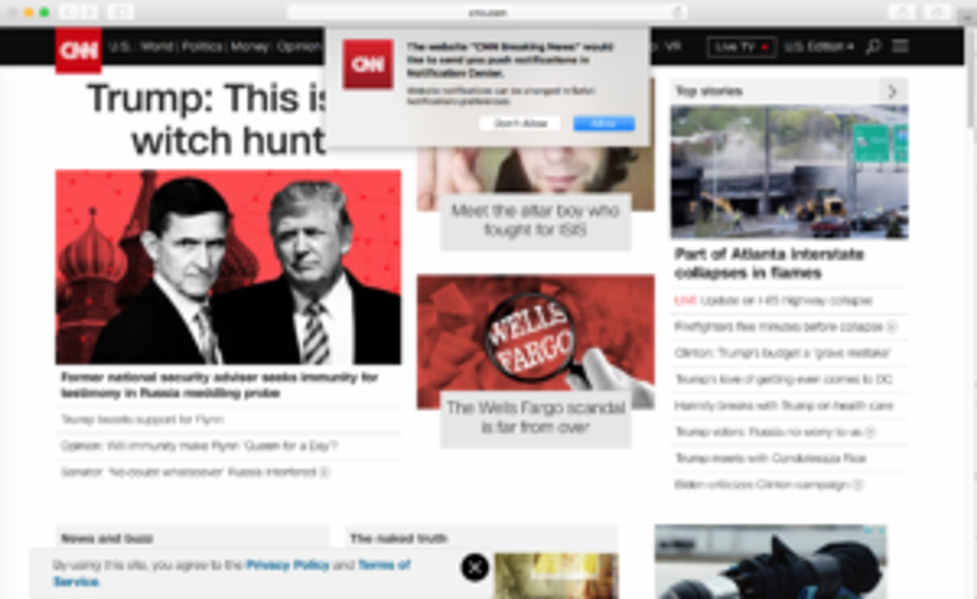 A news website displaying articles about Trump and a former national security advisor seeking immunity. There are advertisements and links to related news stories.