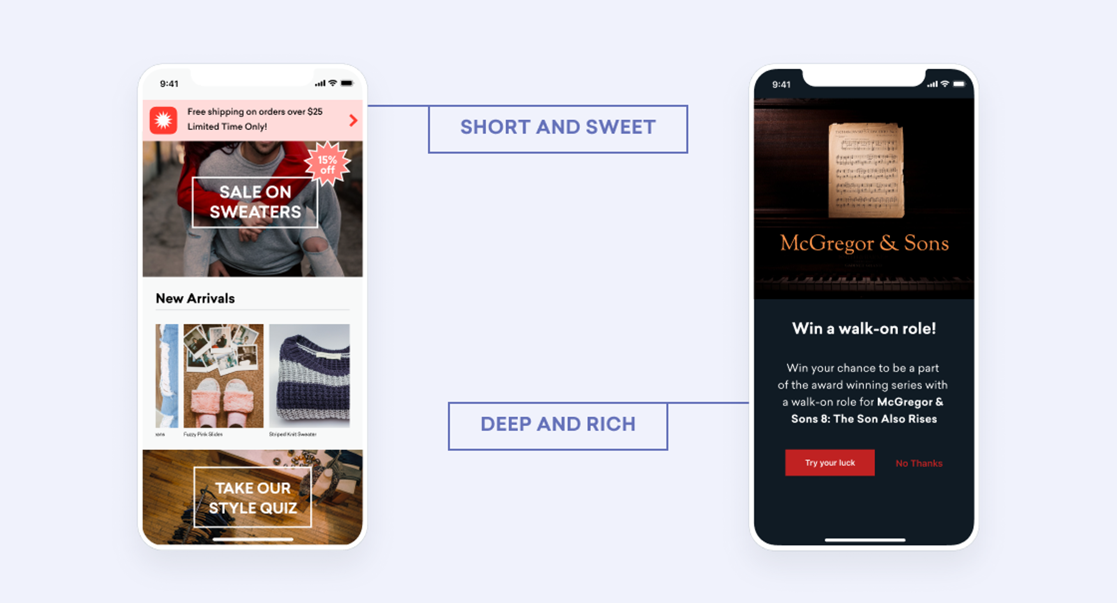 A mobile phone screen displays two different app interfaces: one promoting a sale on sweaters and new arrivals, and the other advertising a chance to win a role in a production titled "McGregor & Sons.
