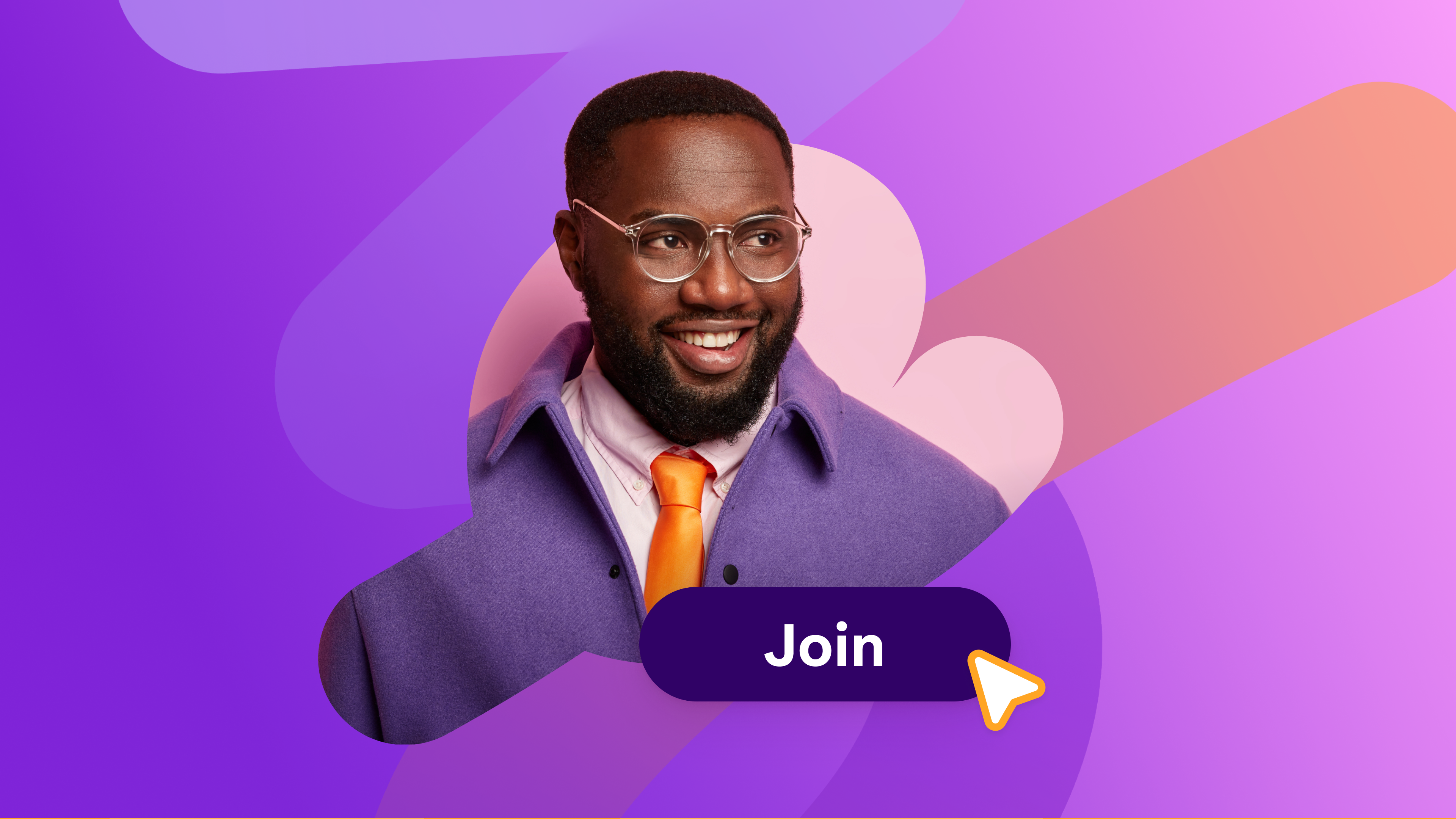 Smiling Black man in a purple jacket with a 'Join' button and cursor.