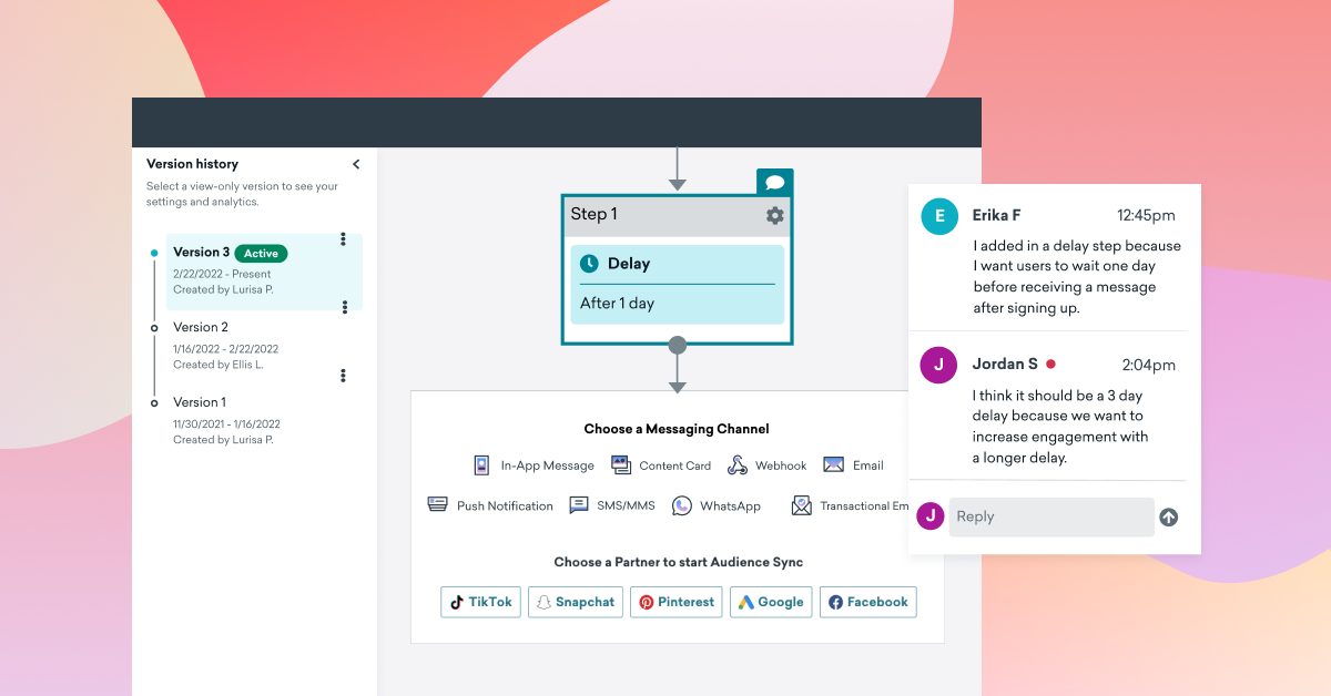 A window showing how to create a customer journey and collaborate with colleagues in Braze