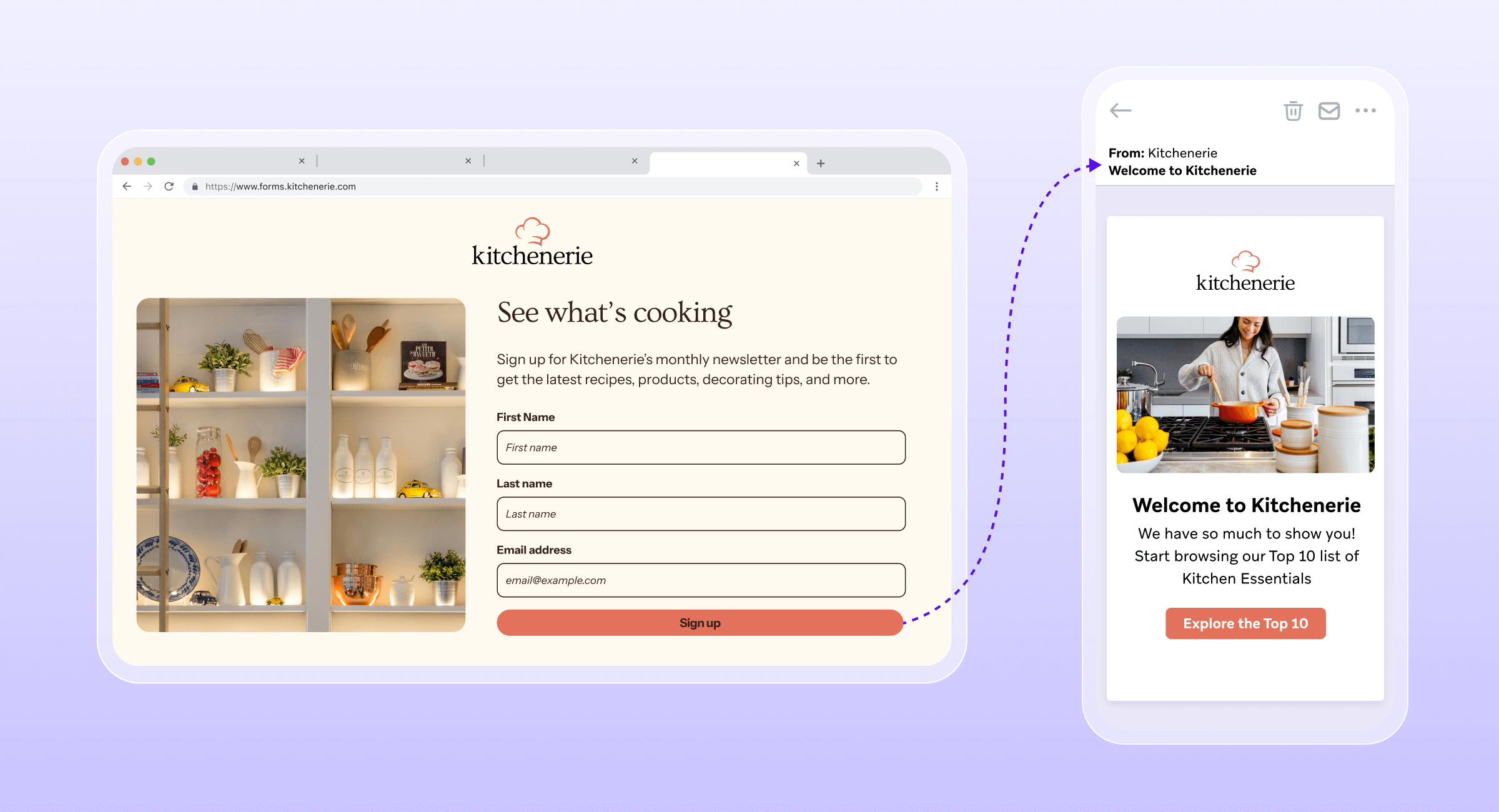 Kitchenerie newsletter signup form on a web browser leading to a welcome email on a smartphone.
