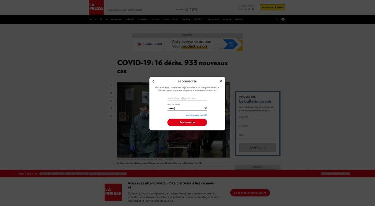 A news article header about COVID-19 reporting 16 deaths and 933 new cases. The page includes a login prompt for users.