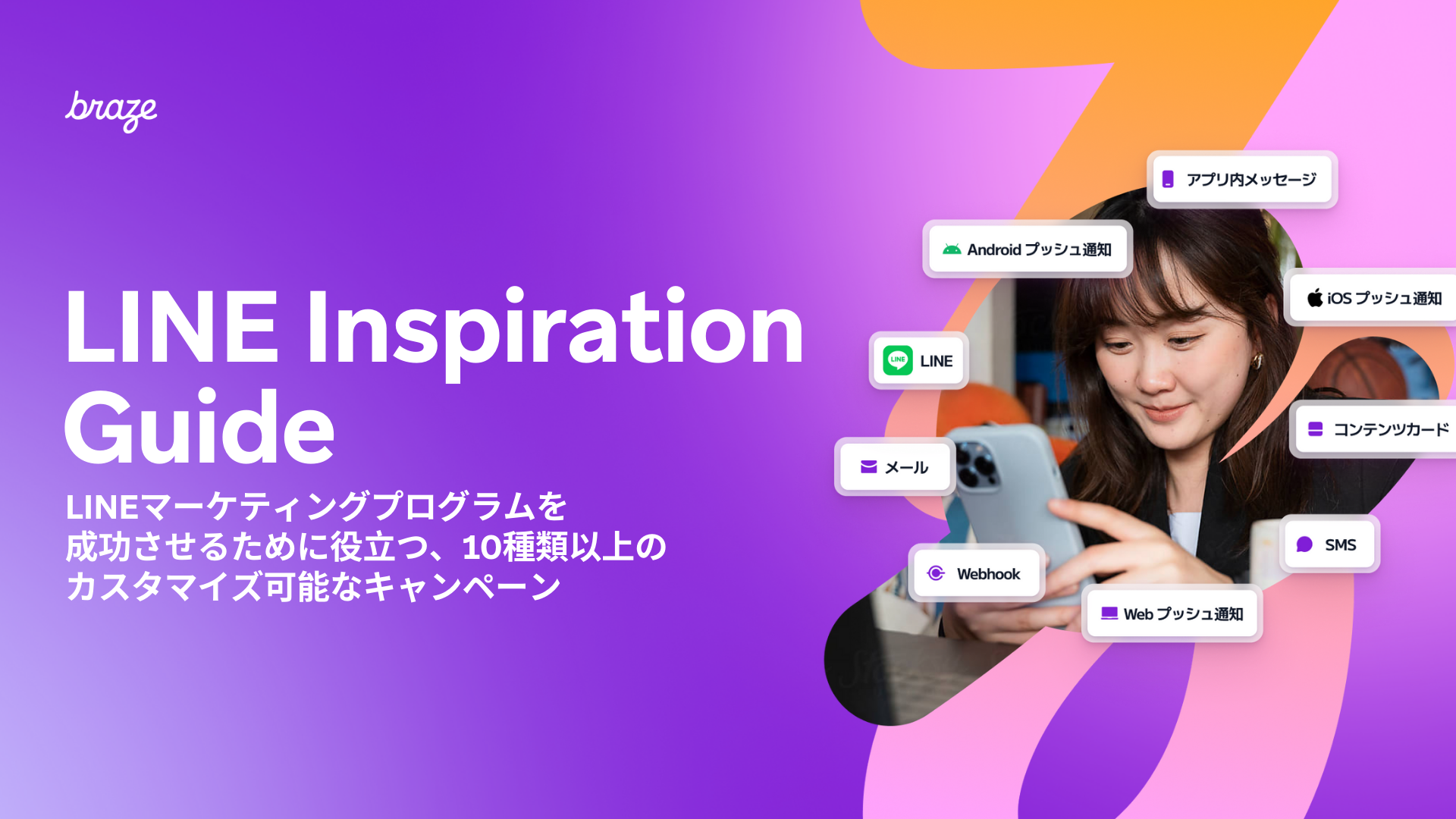 LINE インスピレーションガイドの表紙画像。スマートフォンを使用している女性のまわりにBrazeのチャネルが広がっている
