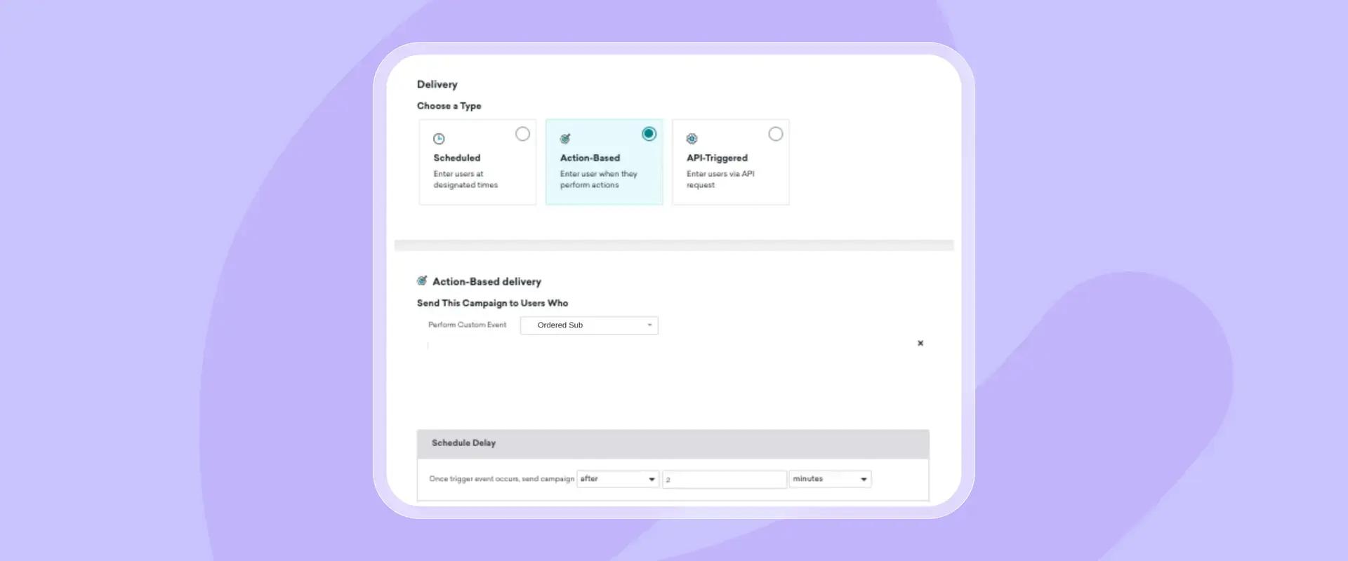 配信設定画面。アクションベースの配信オプションが表示されている。