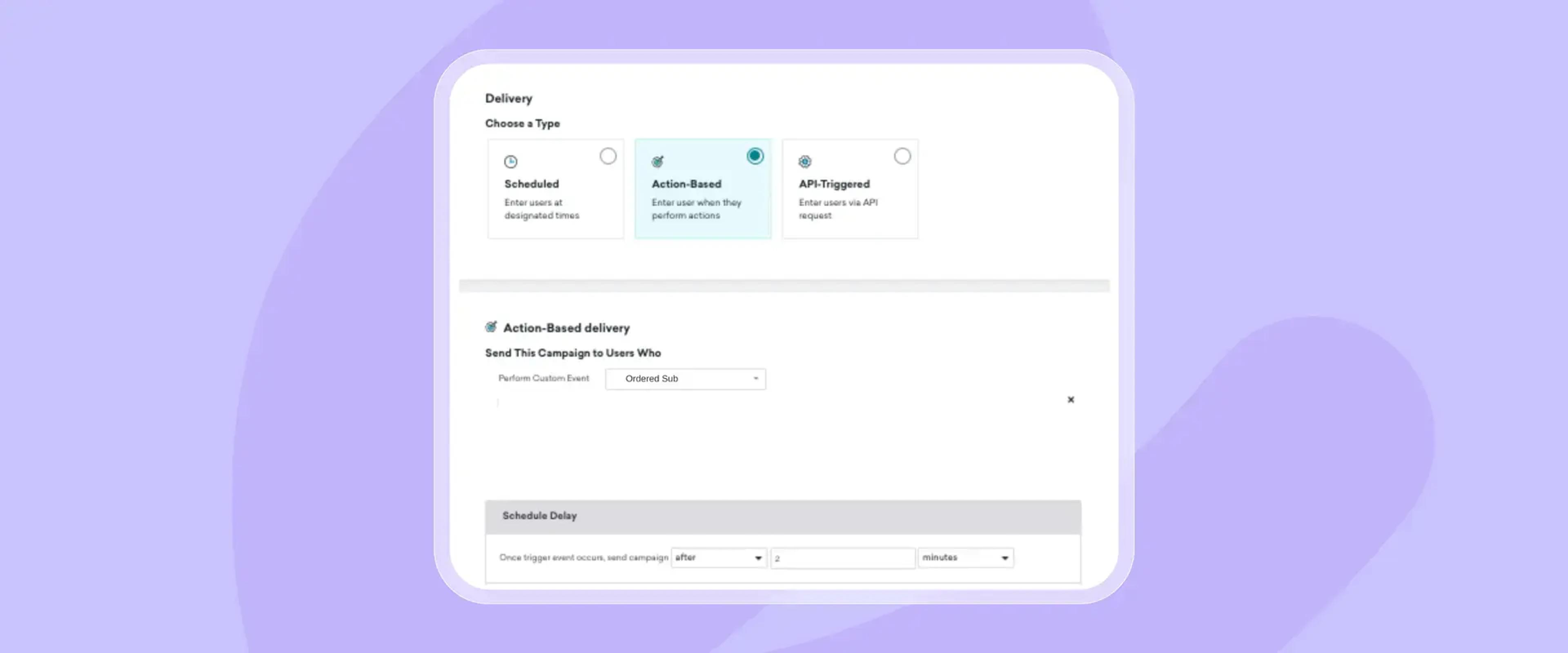 配信設定画面。アクションベースの配信オプションが表示されている。