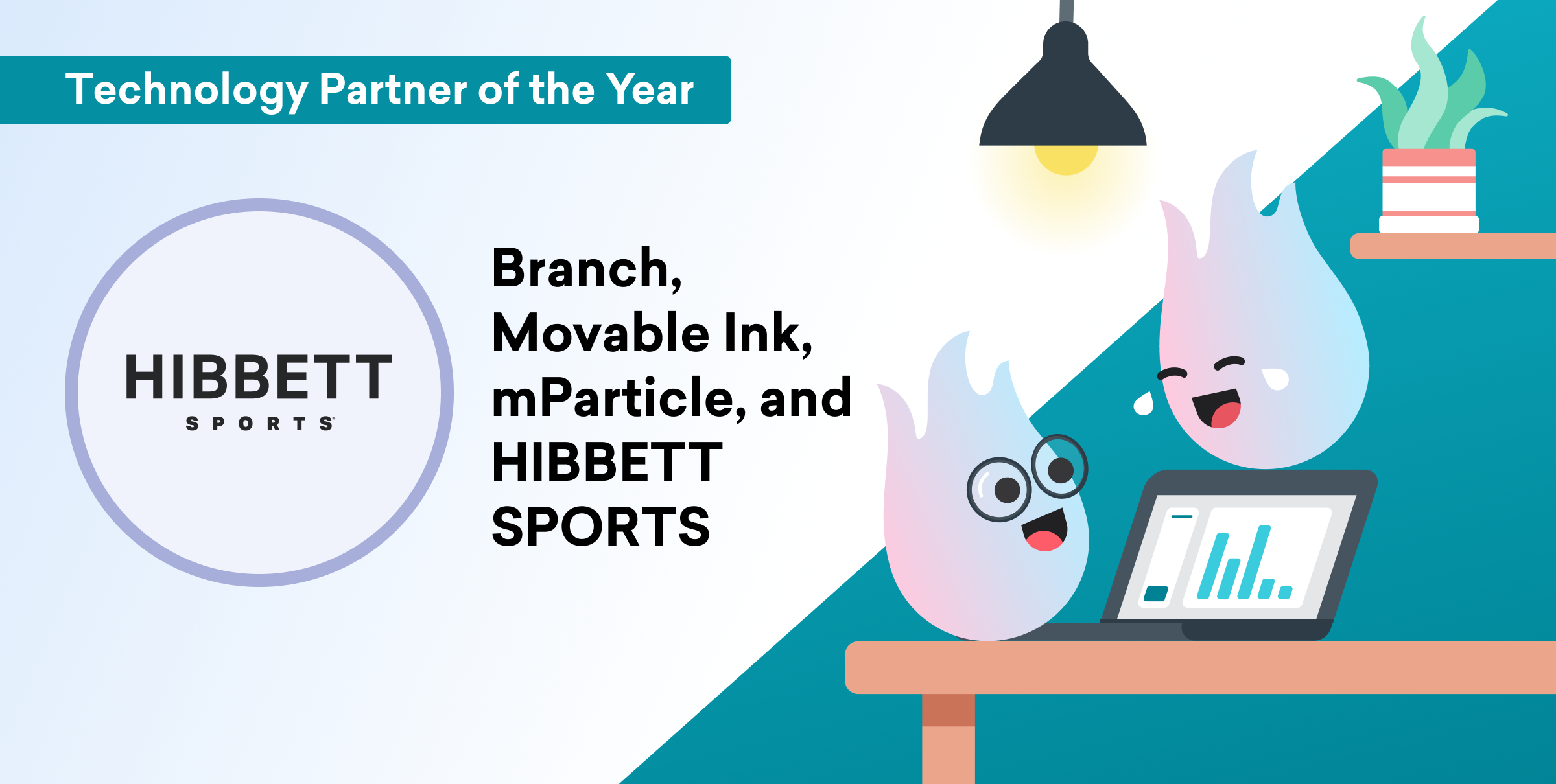 A graphic celebrating Hibbett Sports as the Technology Partner of the Year, featuring animated characters and a laptop displaying data charts.