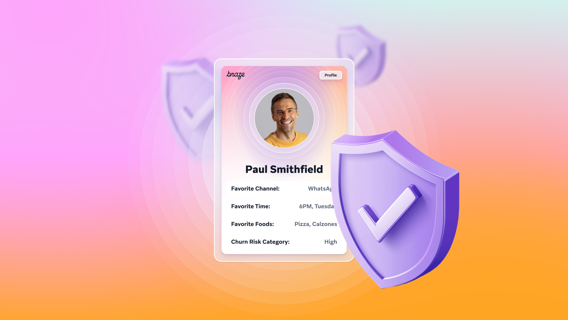 Digital profile card for Paul Smithfield showing personal data and churn risk, protected by purple shield icons with checkmarks.