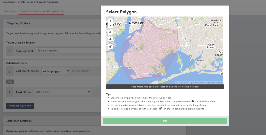 A map interface showing a polygon selection tool for targeting users in New York City. The polygon is highlighted in pink, indicating the area for location-focused campaigns.