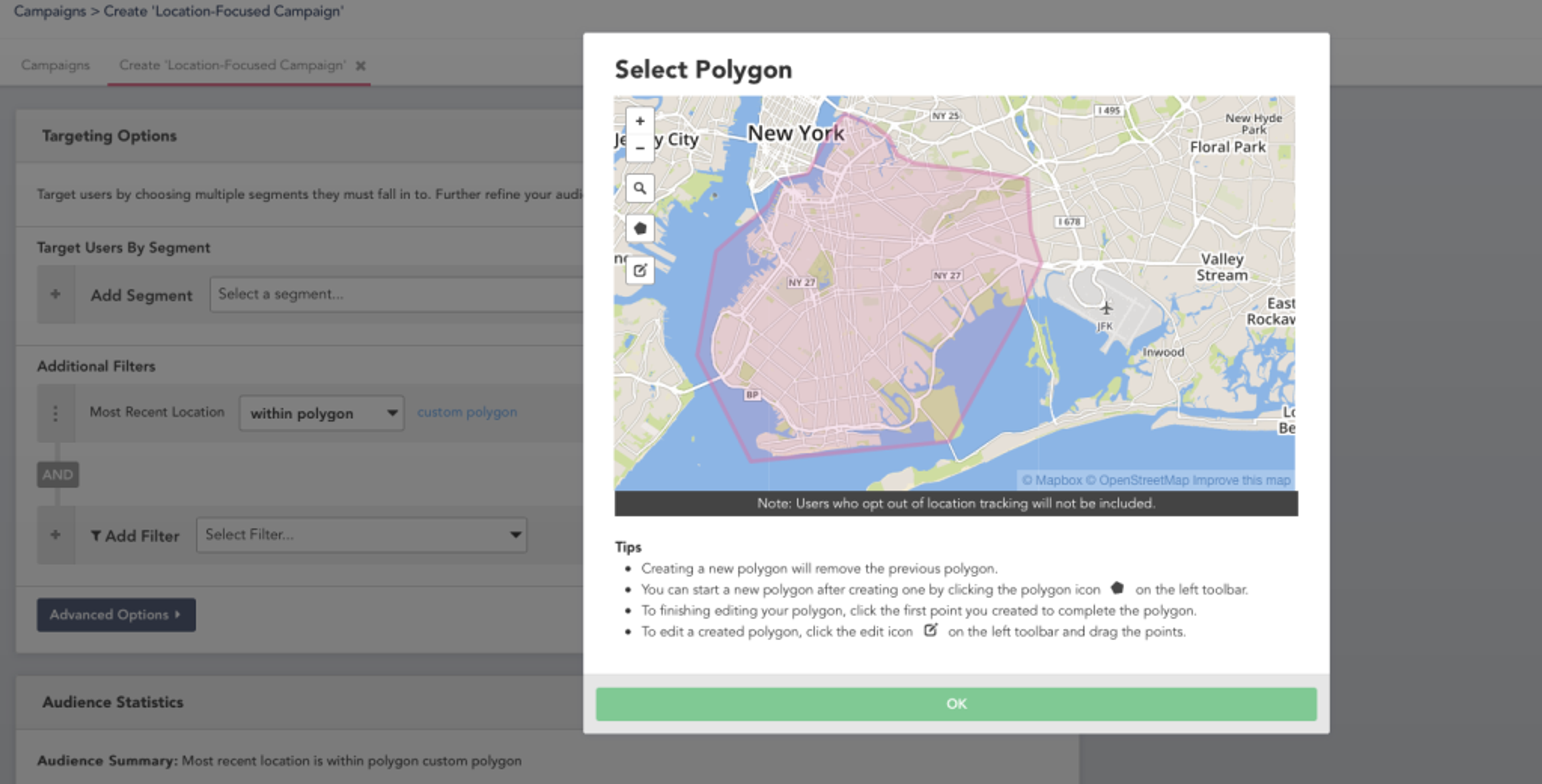 A map interface showing a polygon selection tool for targeting users in New York City. The polygon is highlighted in pink, indicating the area for location-focused campaigns.