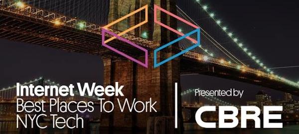 A graphic featuring the Brooklyn Bridge at night with the text "Internet Week Best Places To Work NYC Tech" and "Presented by CBRE.