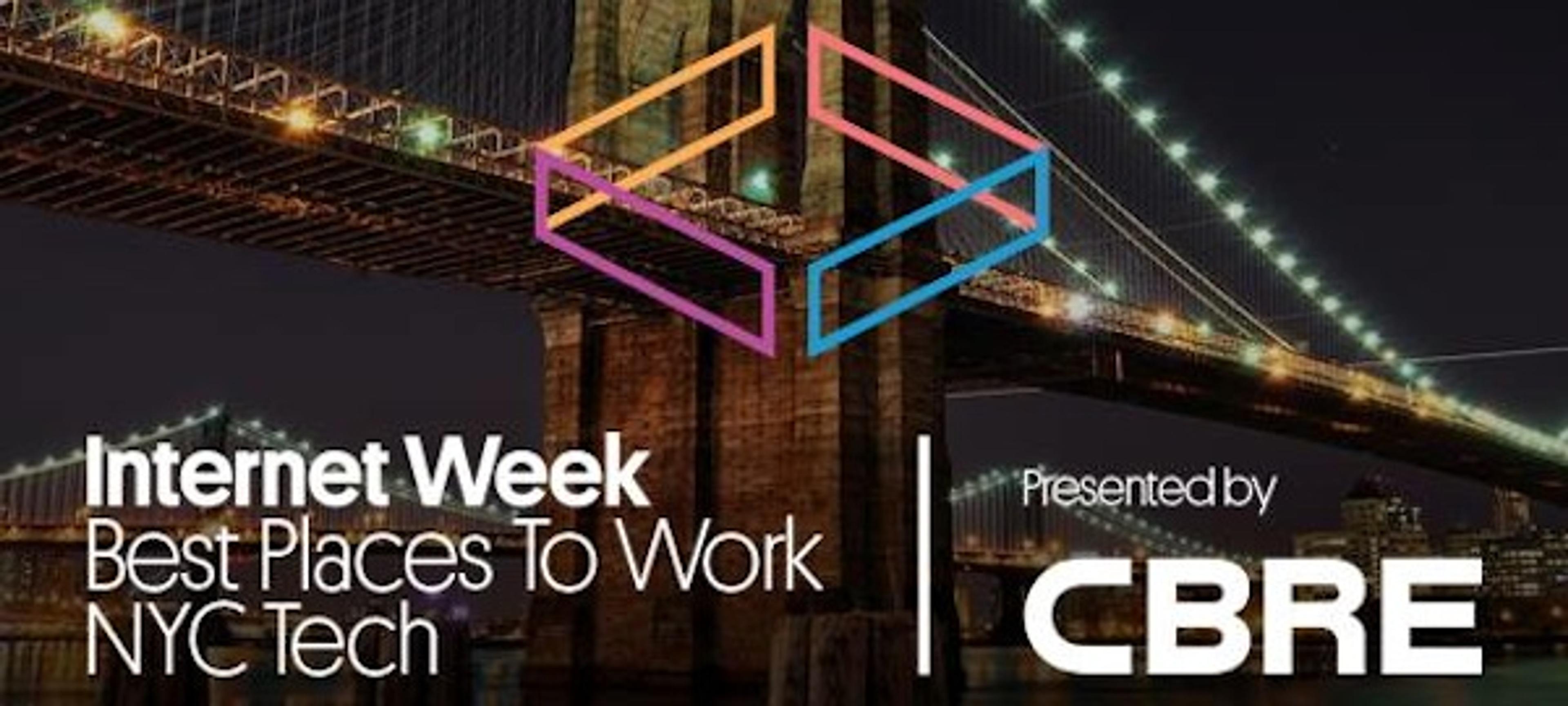 A graphic featuring the Brooklyn Bridge at night with the text "Internet Week Best Places To Work NYC Tech" and "Presented by CBRE.