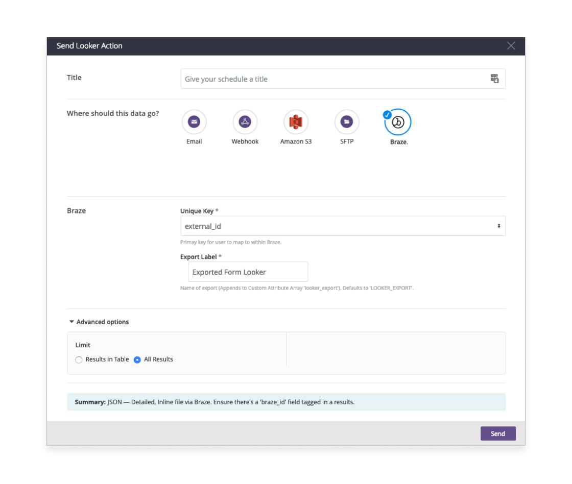 A user interface for sending Looker actions, featuring fields for title, data destination, unique key, export label, and advanced options. The "Send" button is highlighted at the bottom.
