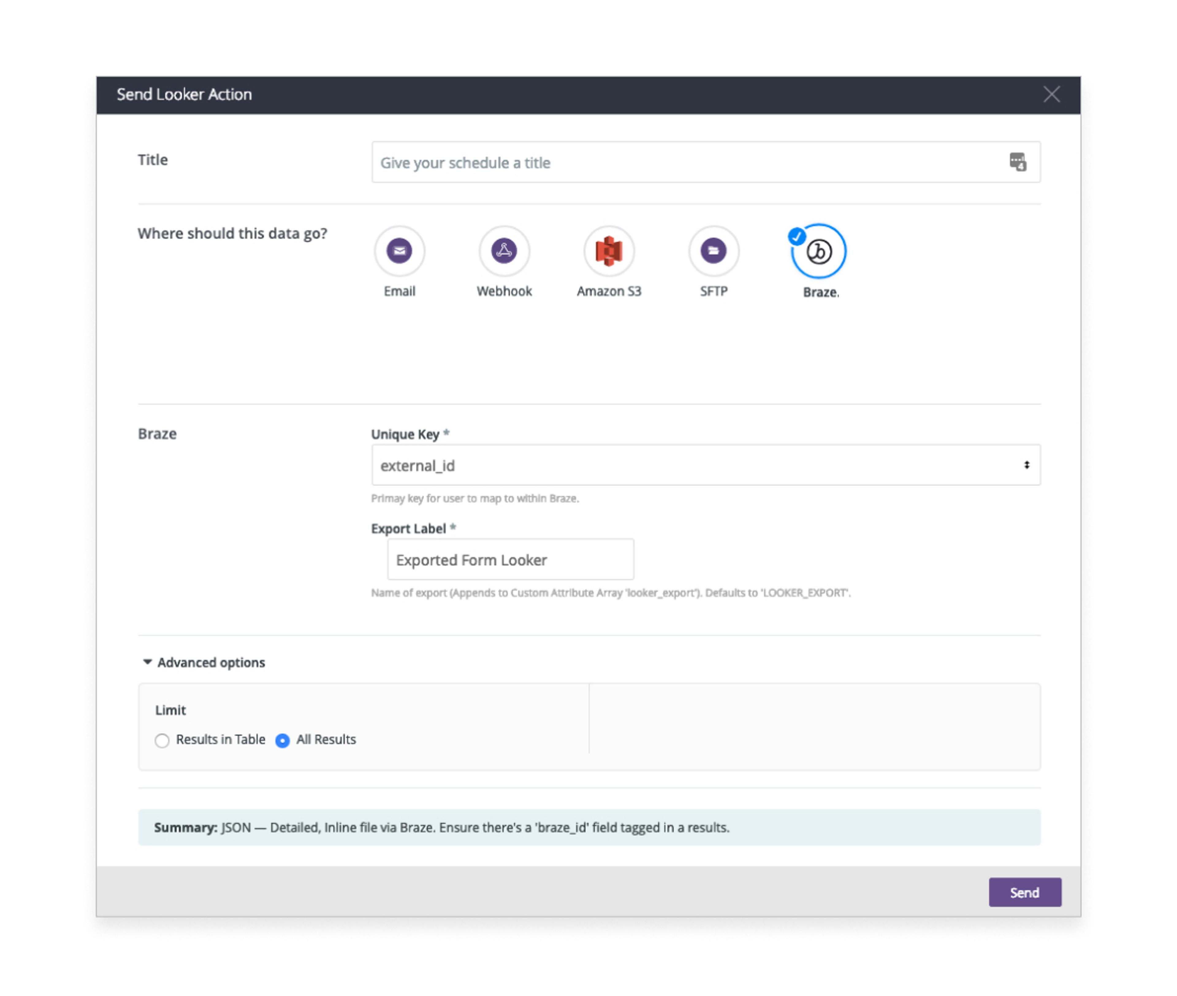 A user interface for sending Looker actions, featuring fields for title, data destination, unique key, export label, and advanced options. The "Send" button is highlighted at the bottom.