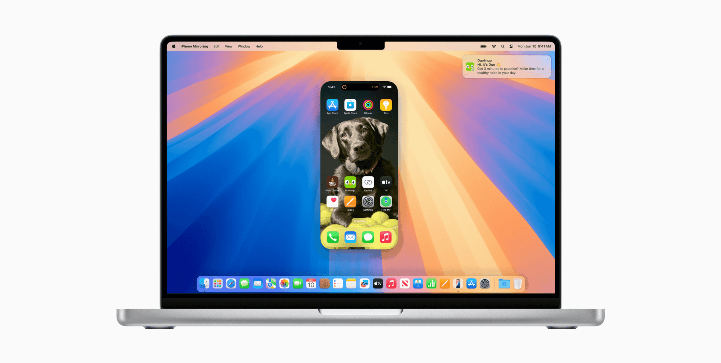 A laptop displaying a colorful background with a smartphone showing a dog photo and various app icons. Notifications are visible on the smartphone screen.