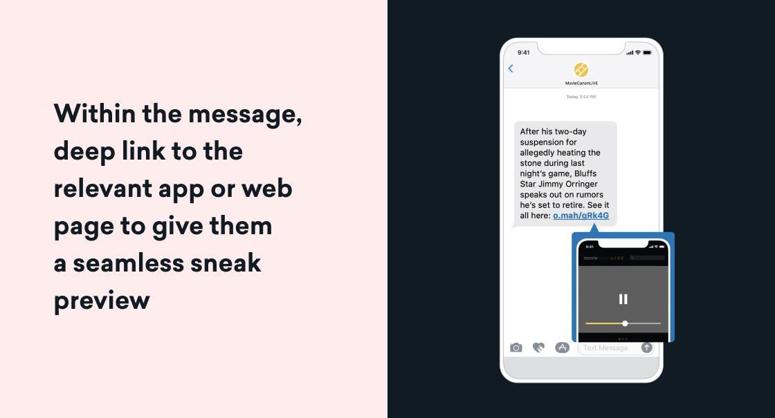 Graphic showing marketing copy about deep linking next to a smartphone text message with a link that opens a small in-app video preview.