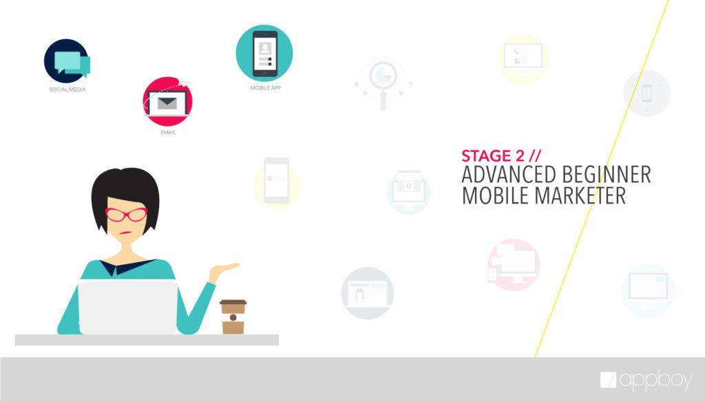 A woman with glasses sits at a desk, looking at a laptop and holding a coffee cup. Icons representing social media, mobile apps, and email are displayed, indicating the theme of mobile marketing.